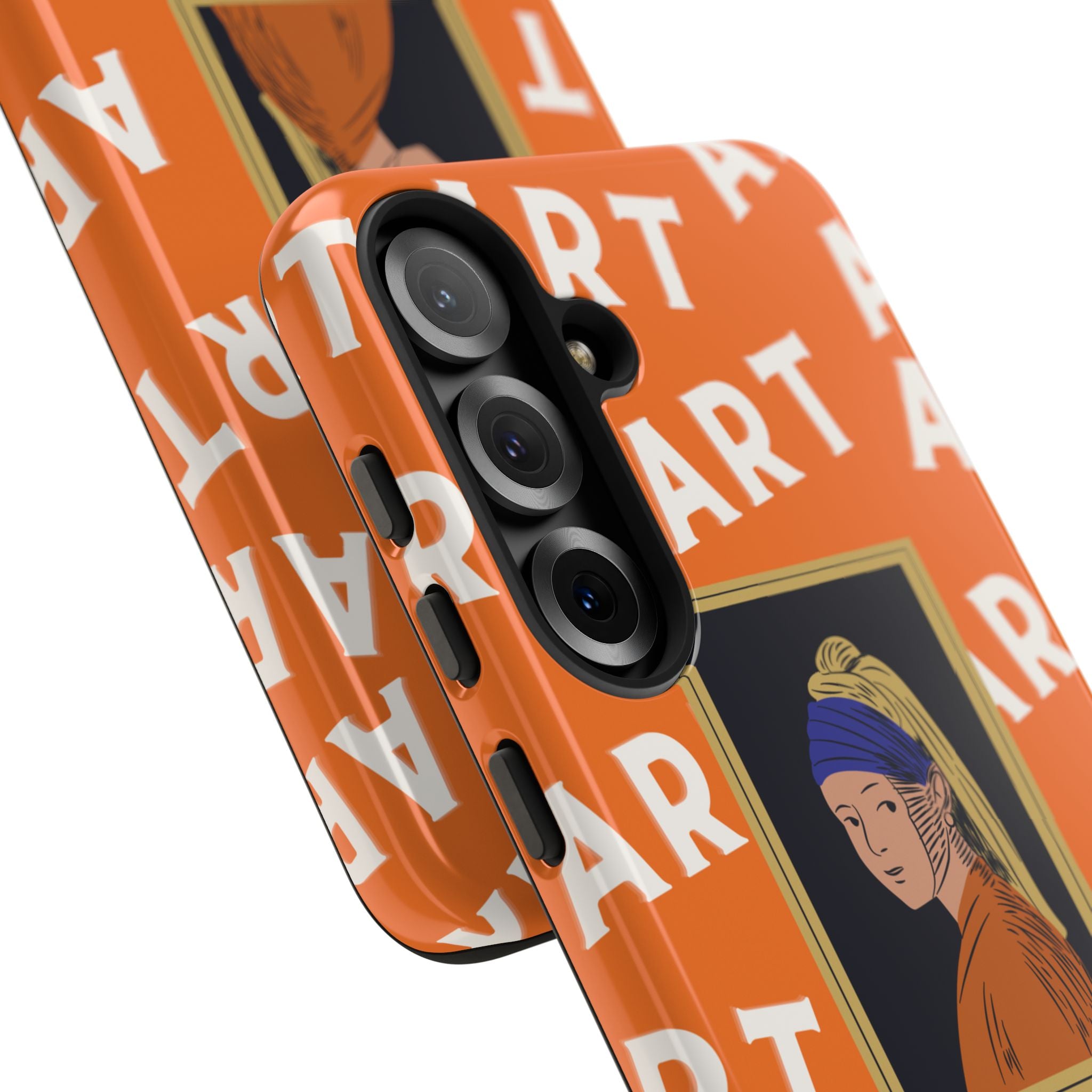Bold Orange "ART" Pattern with Framed Girl with Pearl Earring Illustration