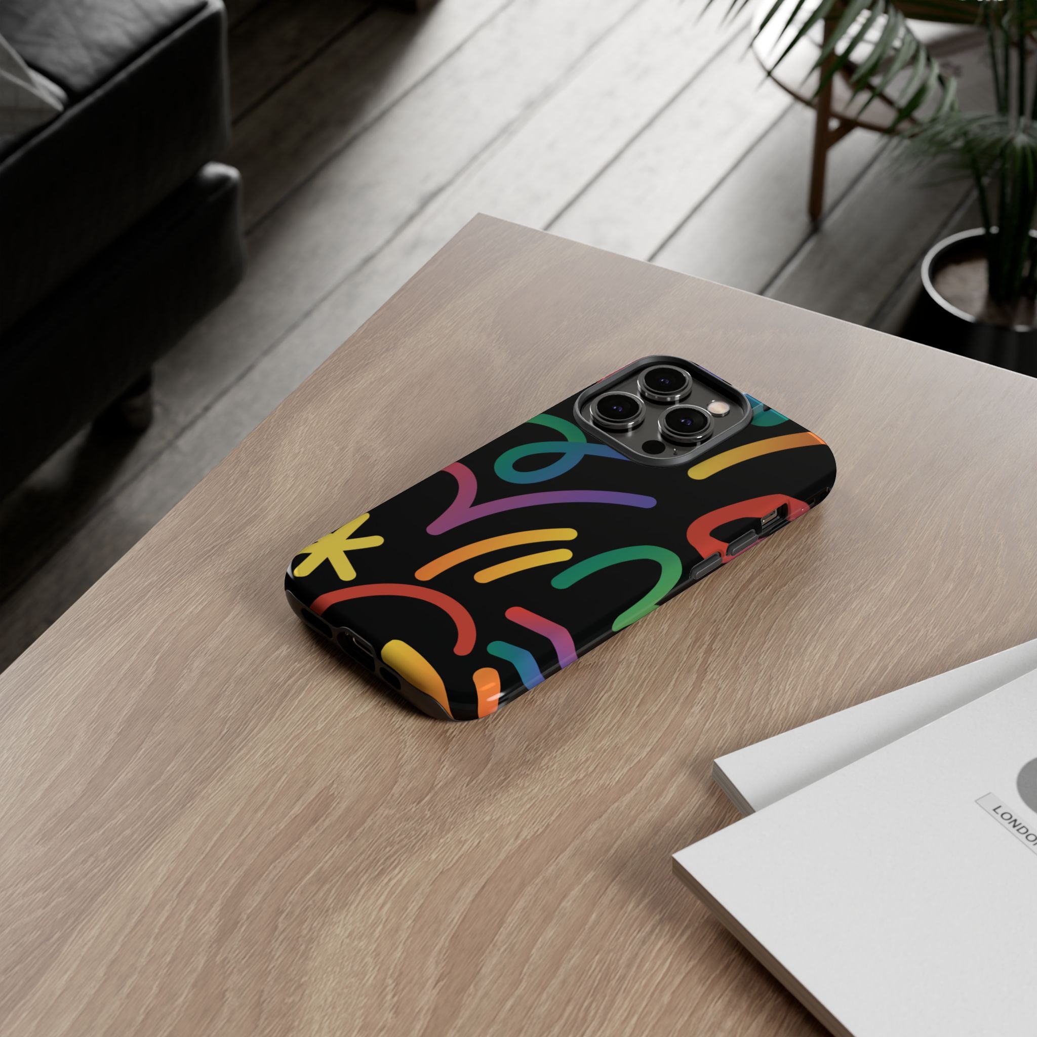 Colorful Doodle Tough Phone Case — Black Background Protective Cover
