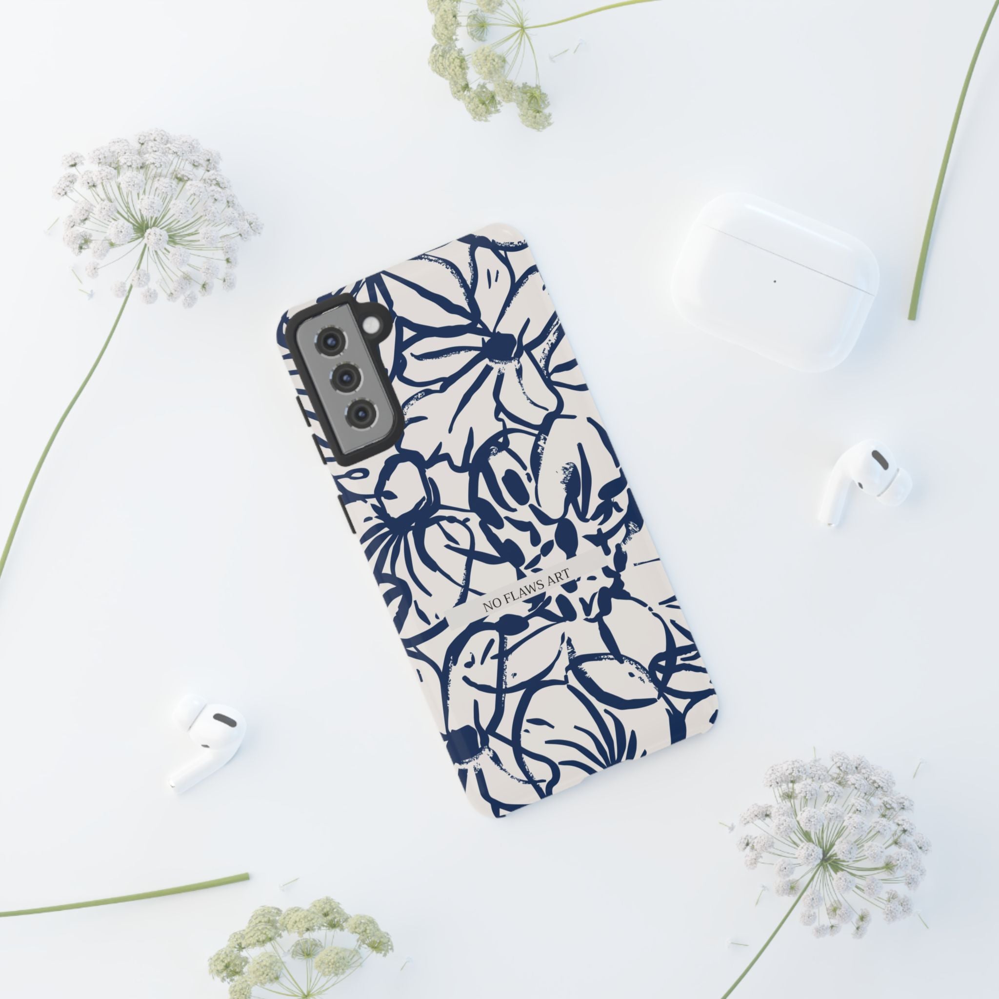 Navy Floral Tough Phone Case — "No Flaws Art" Protective Phone Cover