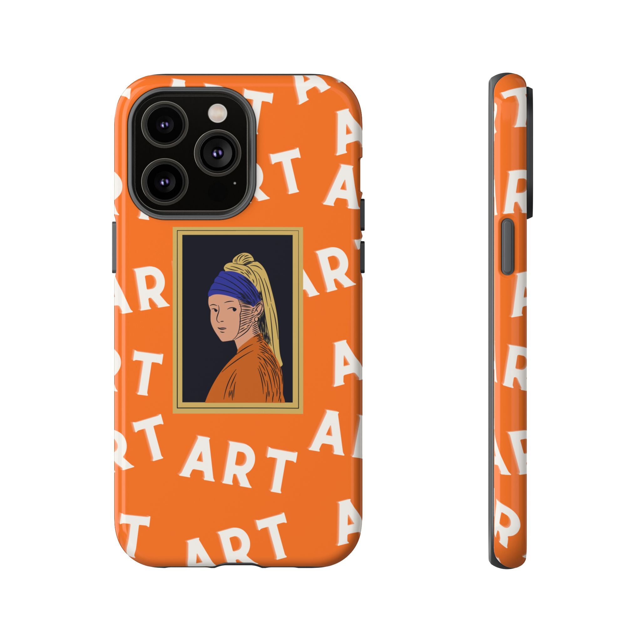 Bold Orange "ART" Pattern with Framed Girl with Pearl Earring Illustration