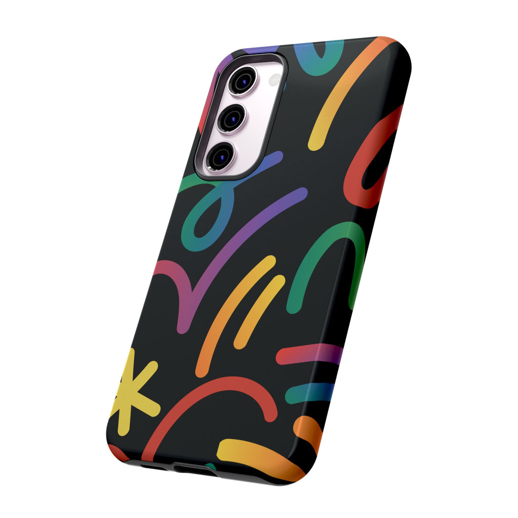 Colorful Doodle Tough Phone Case — Black Background Protective Cover