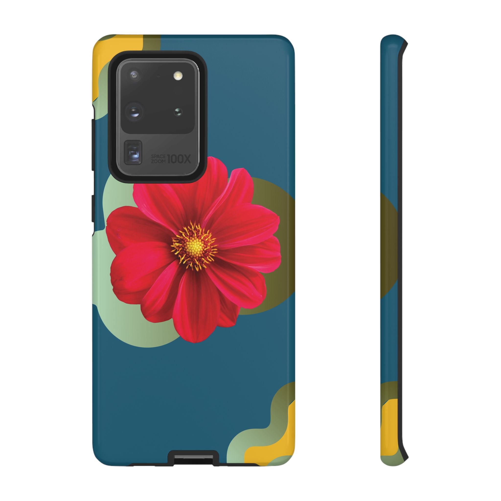 Floral Burst Tough Phone Case — Red Flower on Teal Protective Cover