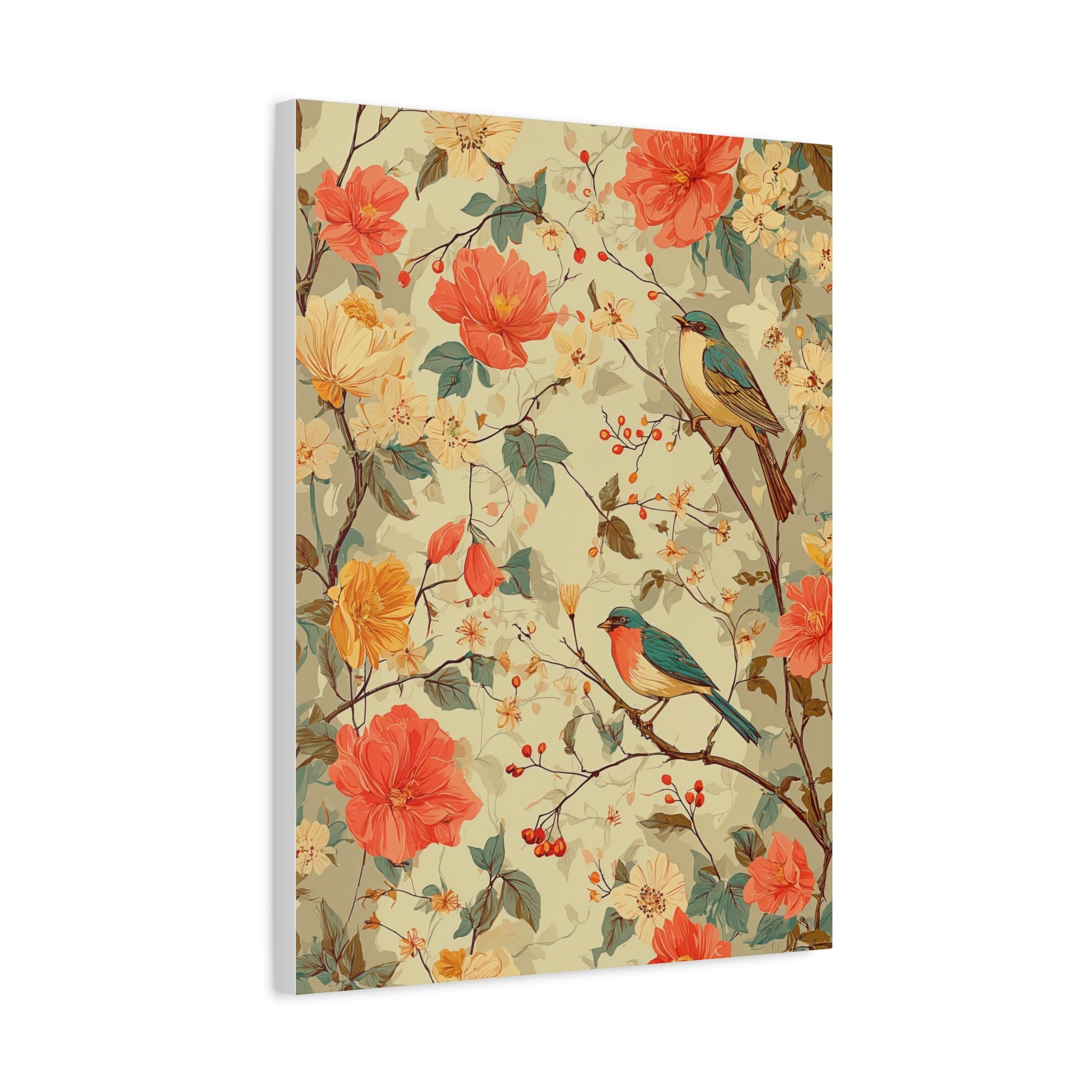 Floral Bird Matte Stretched Canvas – Vintage Botanical Wall Art