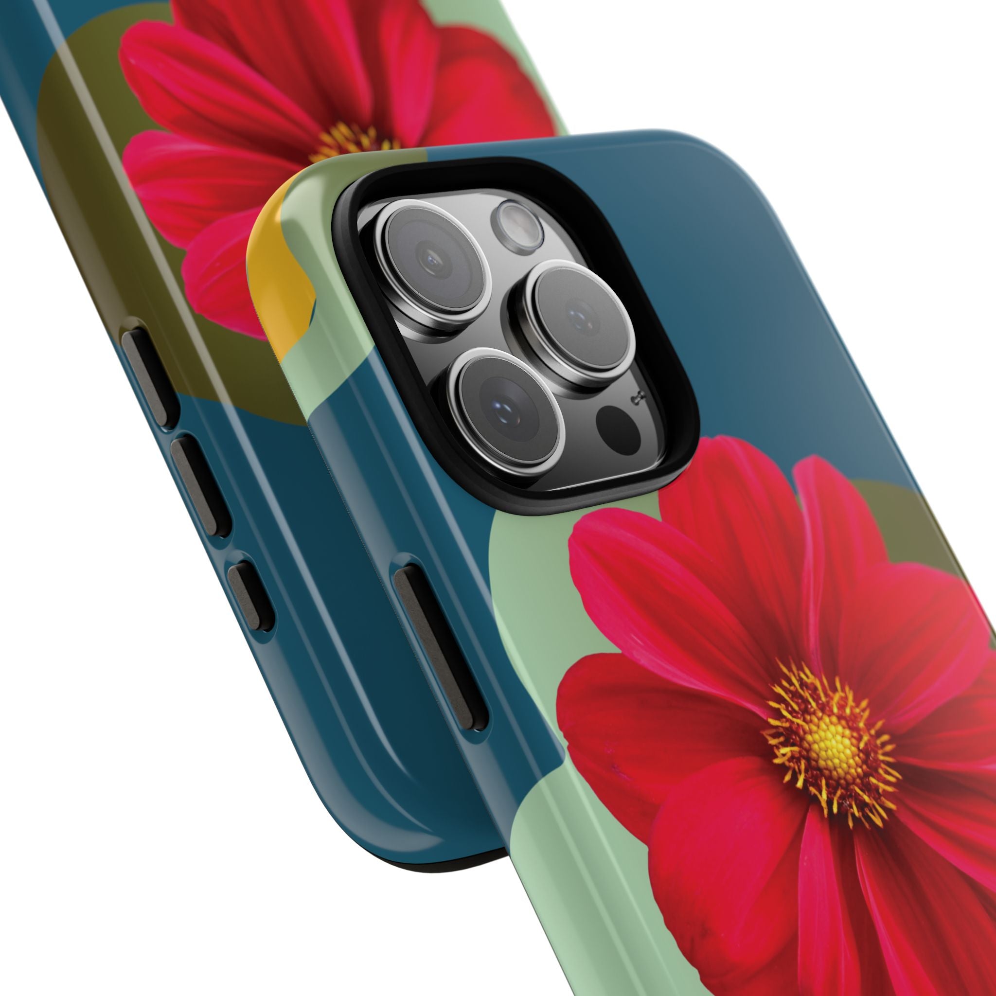 Floral Burst Tough Phone Case — Red Flower on Teal Protective Cover