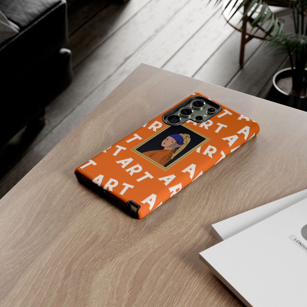 Bold Orange "ART" Pattern with Framed Girl with Pearl Earring Illustration