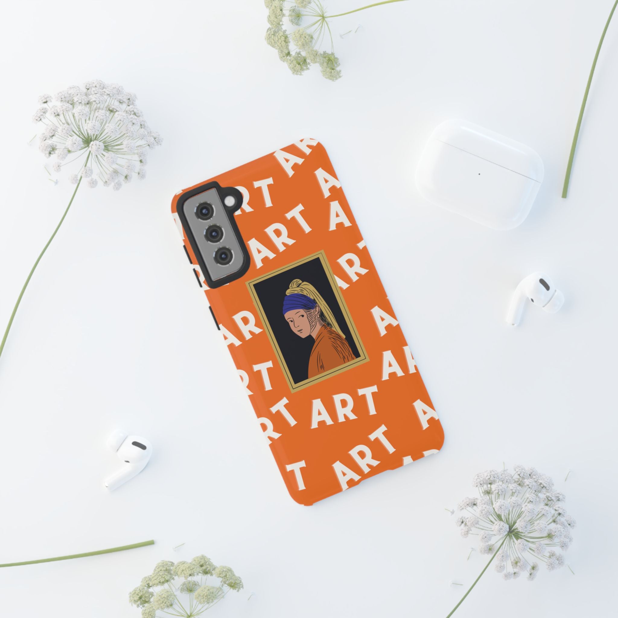 Bold Orange "ART" Pattern with Framed Girl with Pearl Earring Illustration