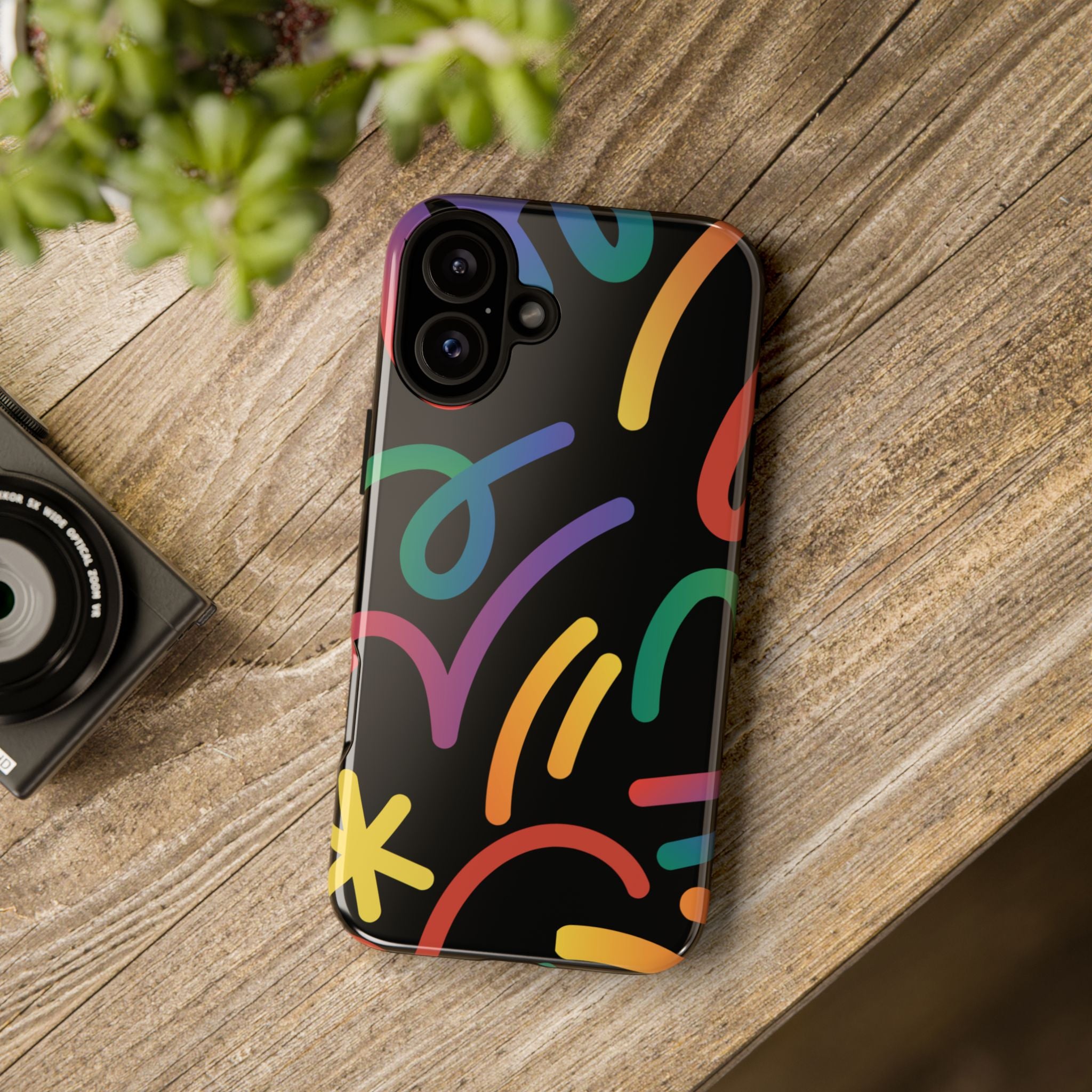 Colorful Doodle Tough Phone Case — Black Background Protective Cover