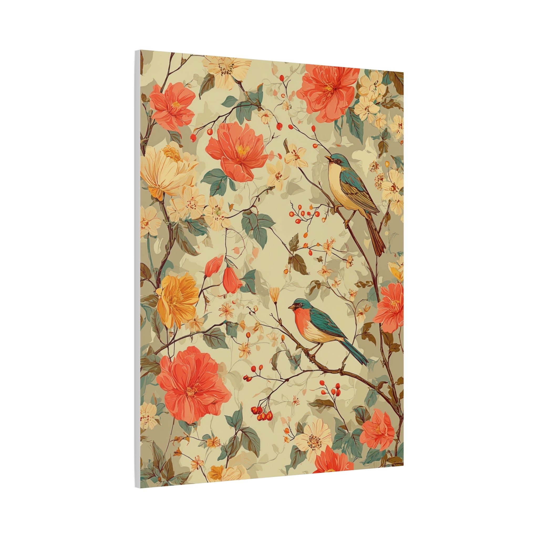 Floral Bird Matte Stretched Canvas – Vintage Botanical Wall Art