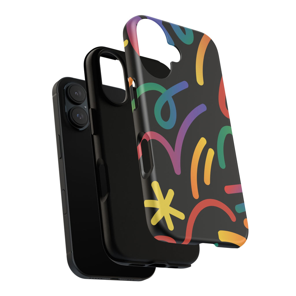 Colorful Doodle Tough Phone Case — Black Background Protective Cover