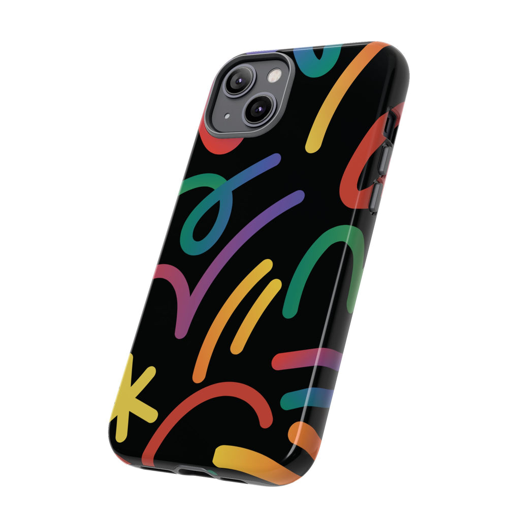 Colorful Doodle Tough Phone Case — Black Background Protective Cover