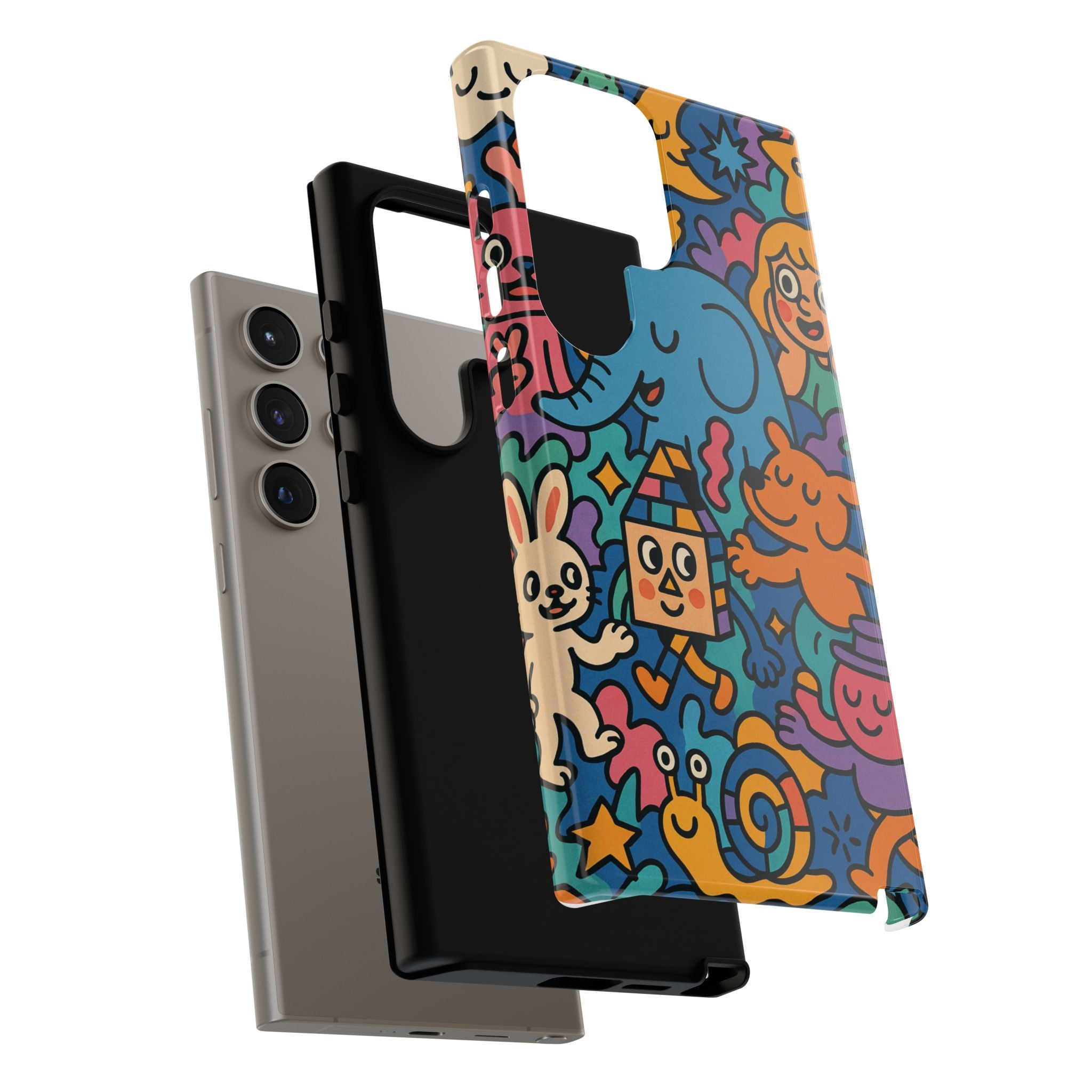 Colorful Doodle Phone Case — Cute Cartoon Animals & Characters