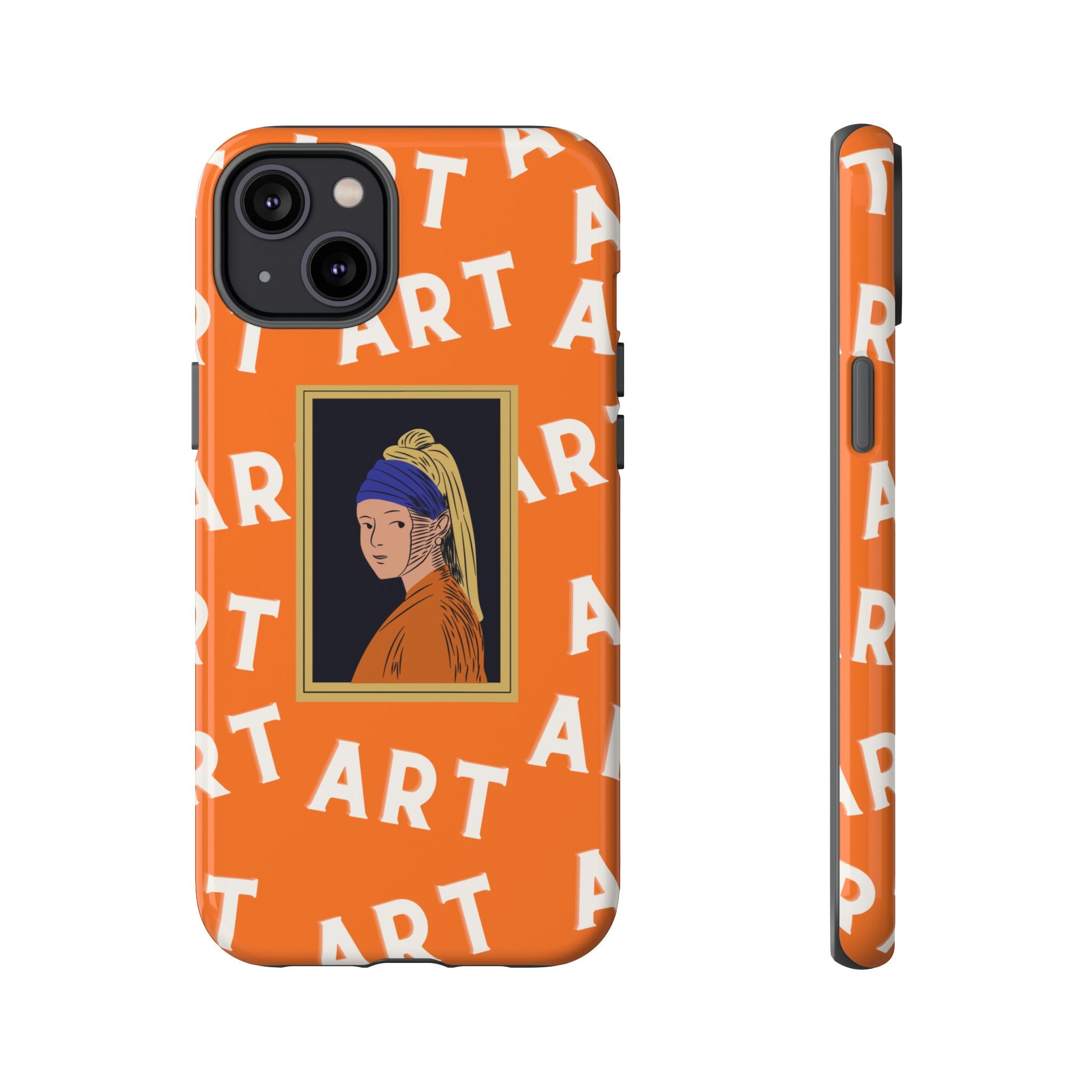 Bold Orange "ART" Pattern with Framed Girl with Pearl Earring Illustration
