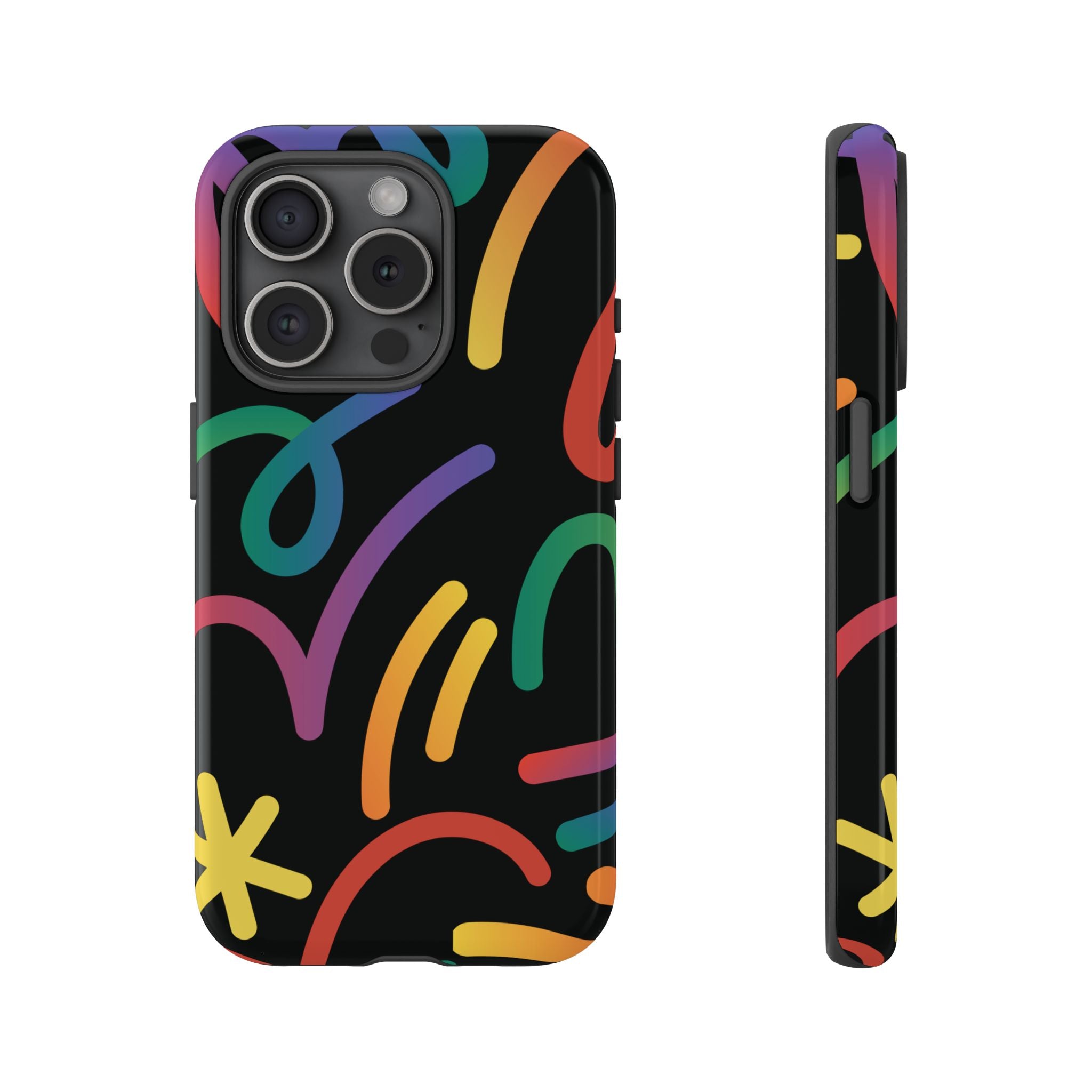 Colorful Doodle Tough Phone Case — Black Background Protective Cover