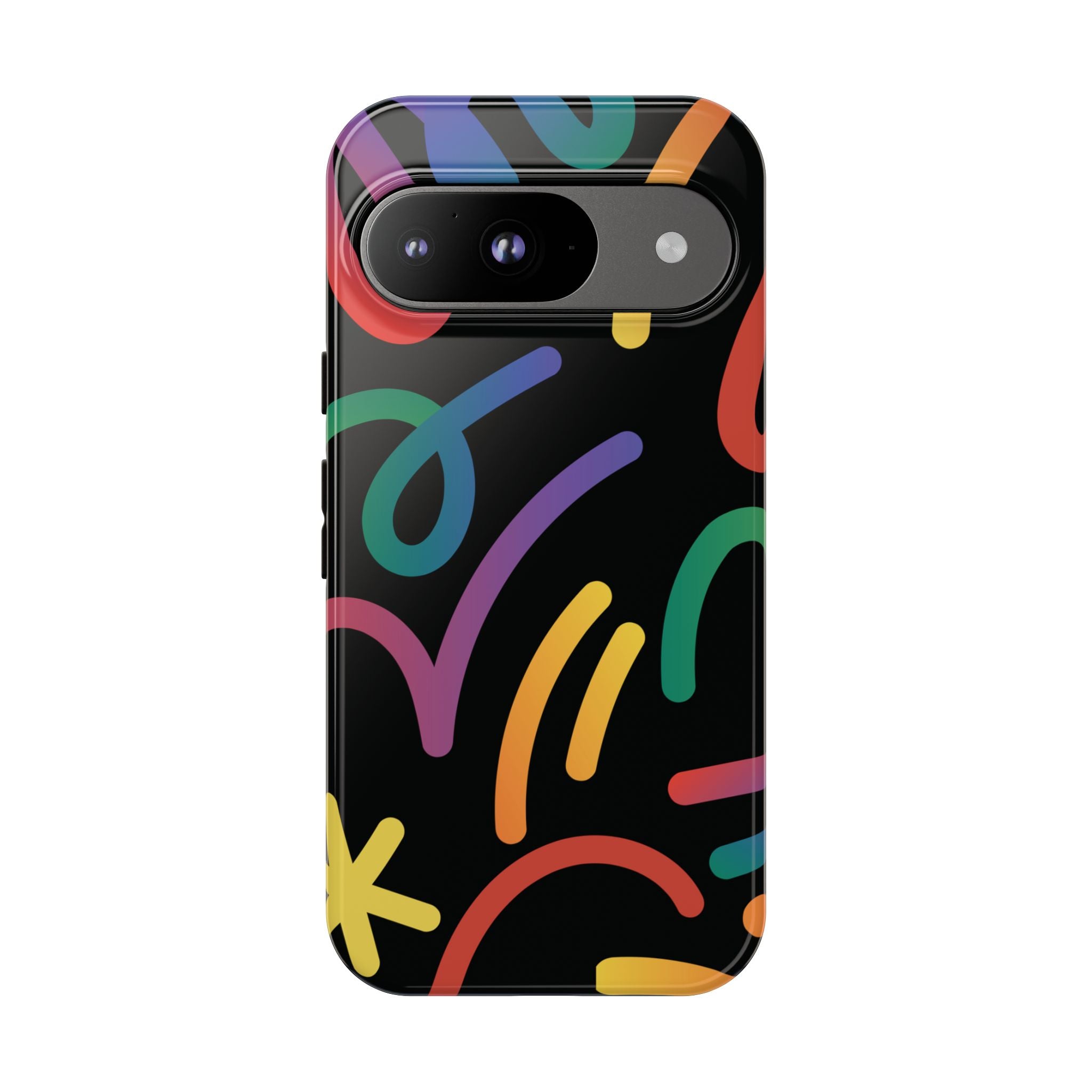 Colorful Doodle Tough Phone Case — Black Background Protective Cover