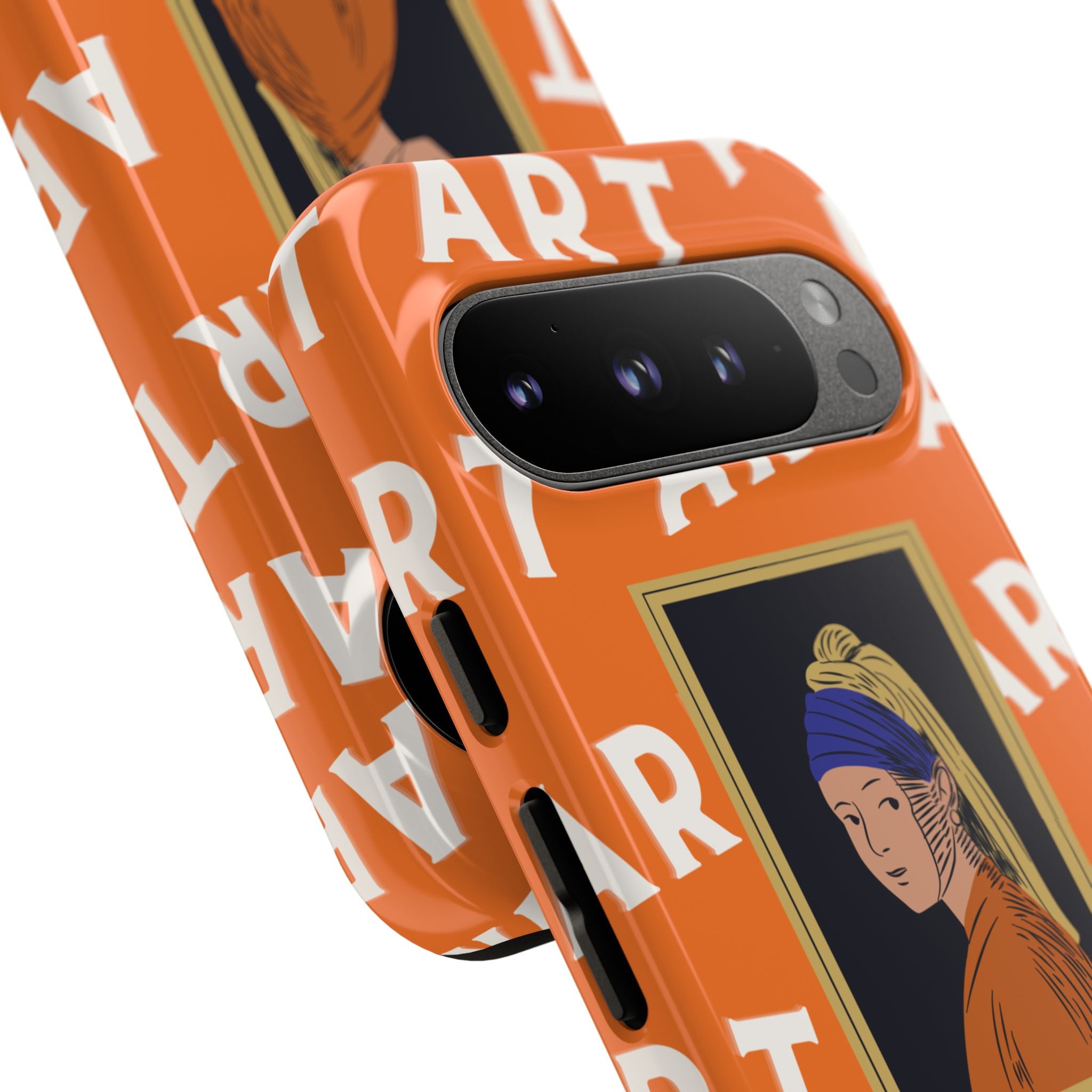 Bold Orange "ART" Pattern with Framed Girl with Pearl Earring Illustration