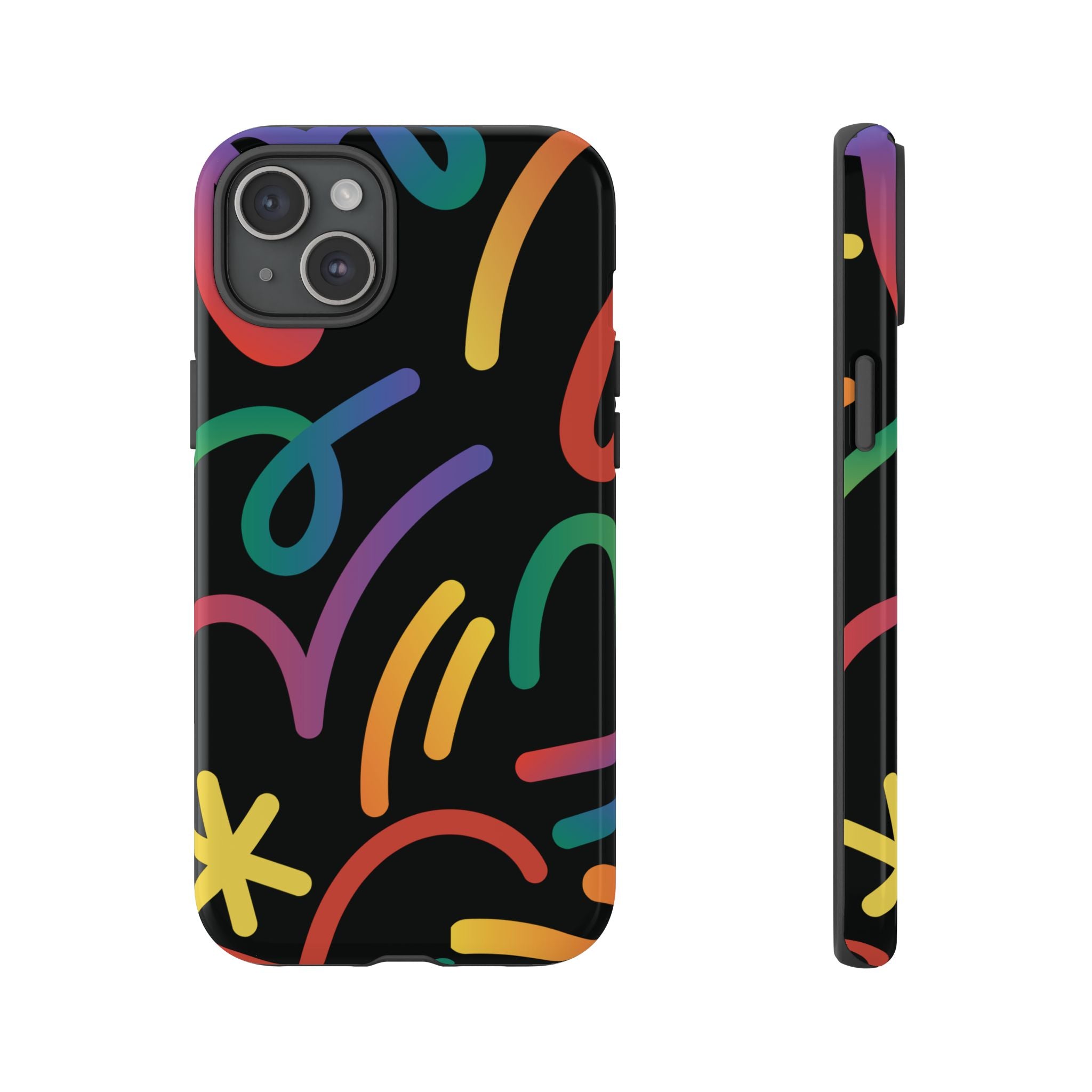 Colorful Doodle Tough Phone Case — Black Background Protective Cover