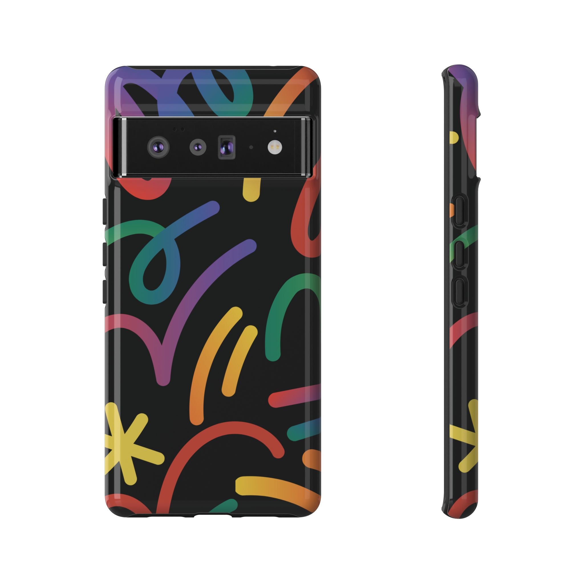 Colorful Doodle Tough Phone Case — Black Background Protective Cover