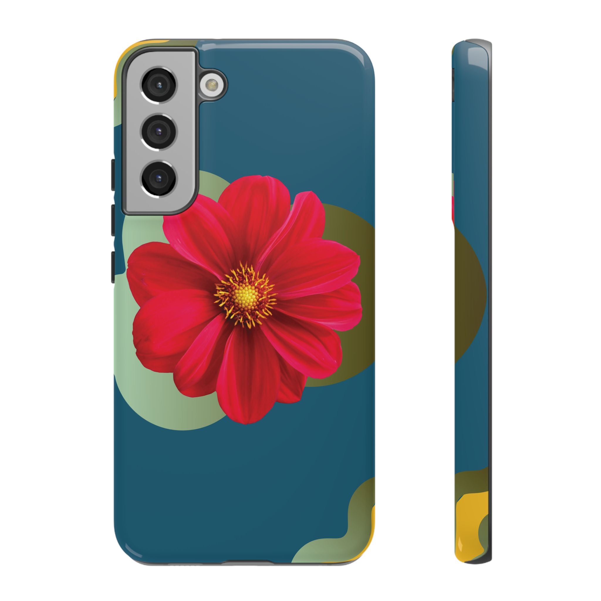 Floral Burst Tough Phone Case — Red Flower on Teal Protective Cover