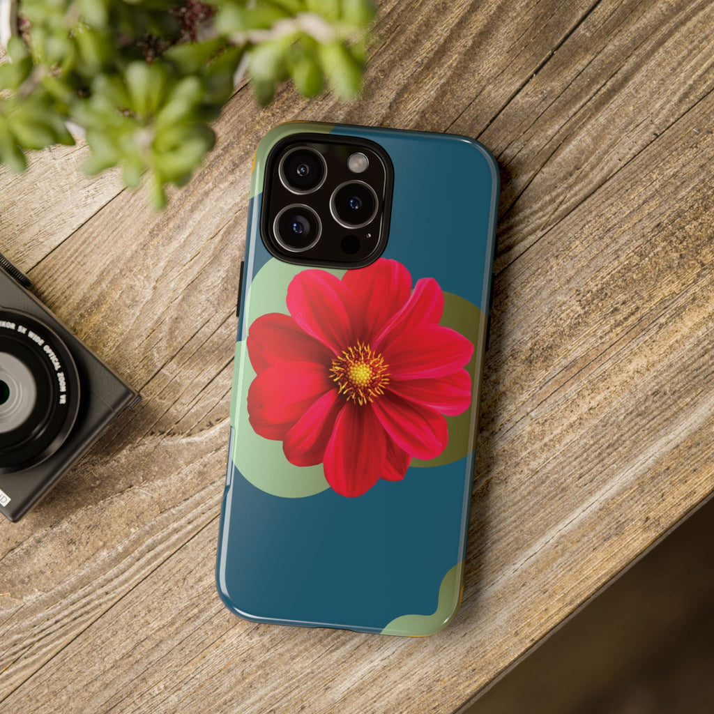 Floral Burst Tough Phone Case — Red Flower on Teal Protective Cover