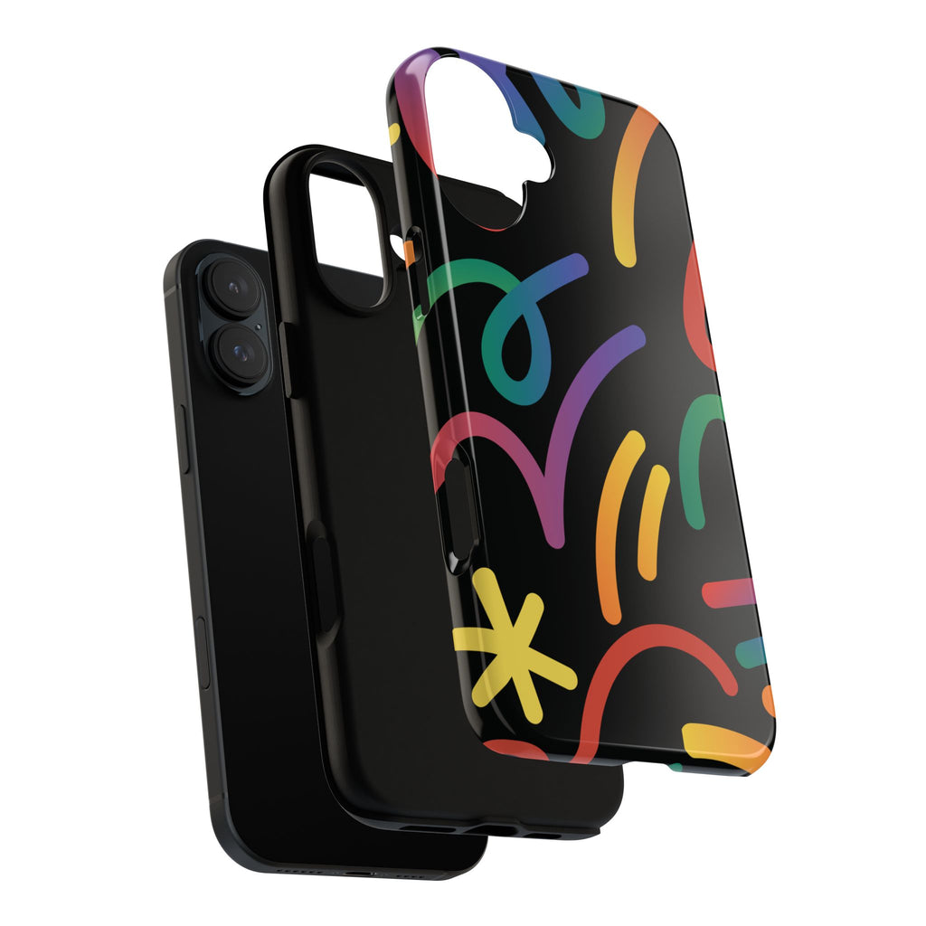 Colorful Doodle Tough Phone Case — Black Background Protective Cover