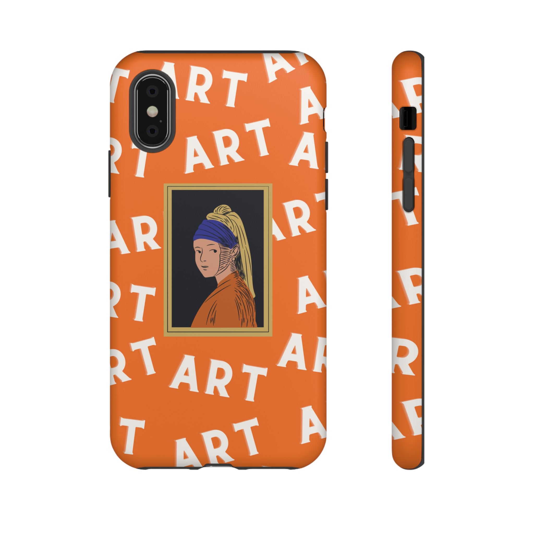 Bold Orange "ART" Pattern with Framed Girl with Pearl Earring Illustration