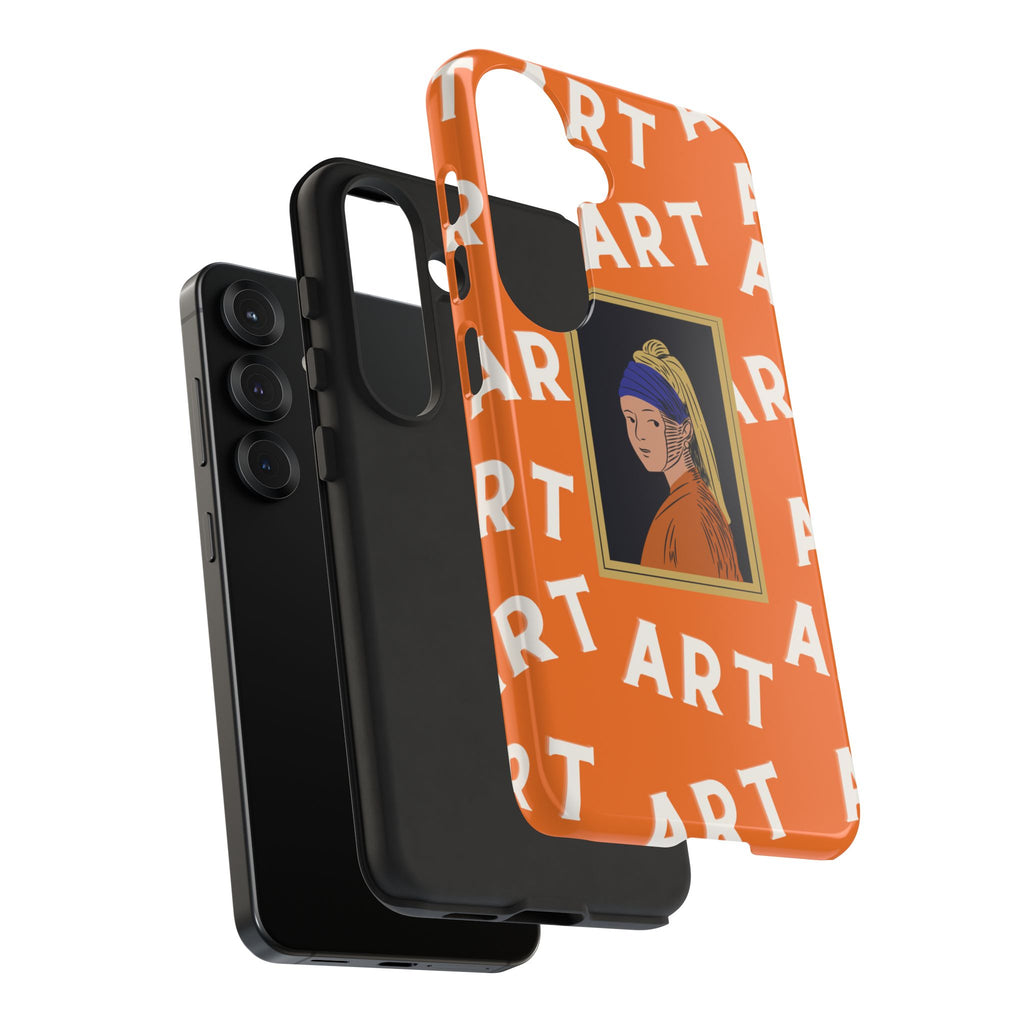 Bold Orange "ART" Pattern with Framed Girl with Pearl Earring Illustration