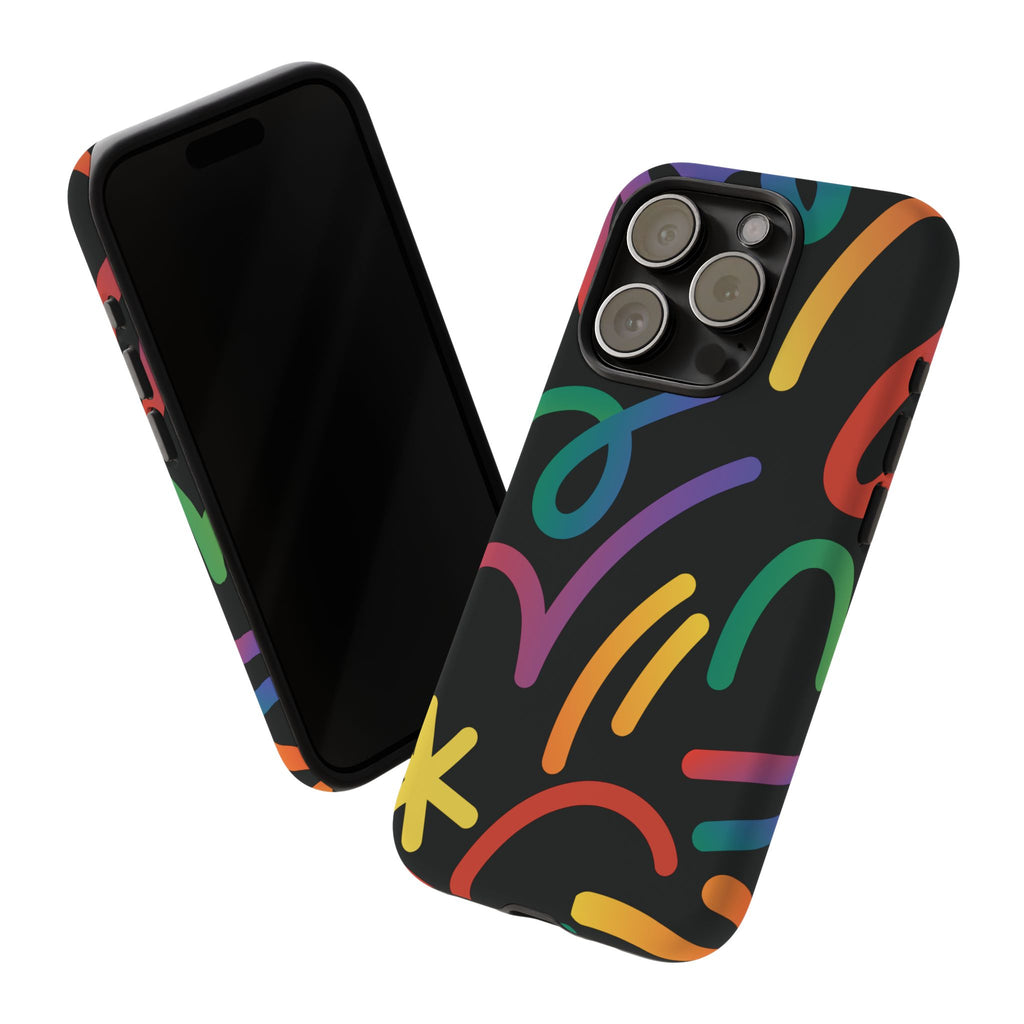 Colorful Doodle Tough Phone Case — Black Background Protective Cover