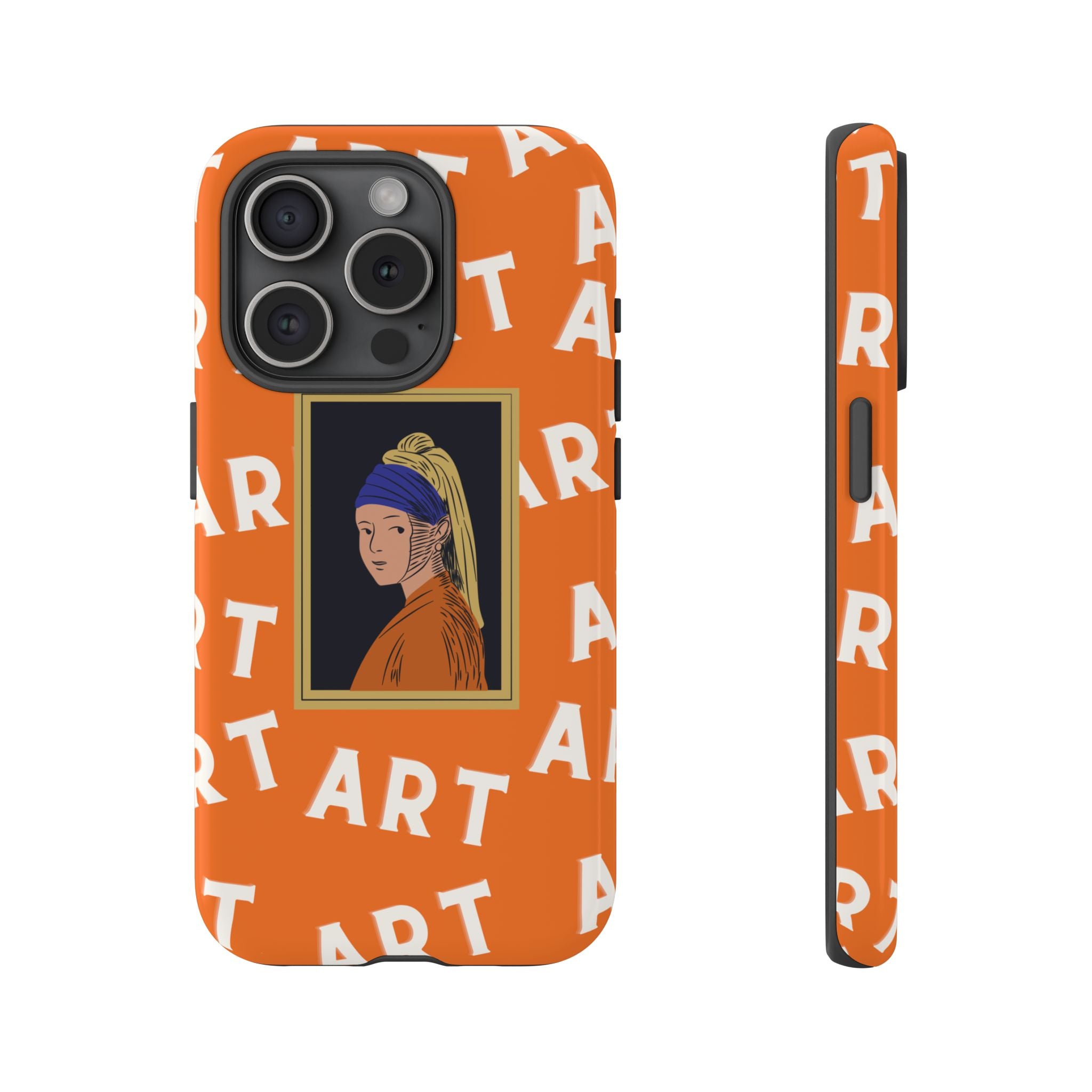 Bold Orange "ART" Pattern with Framed Girl with Pearl Earring Illustration