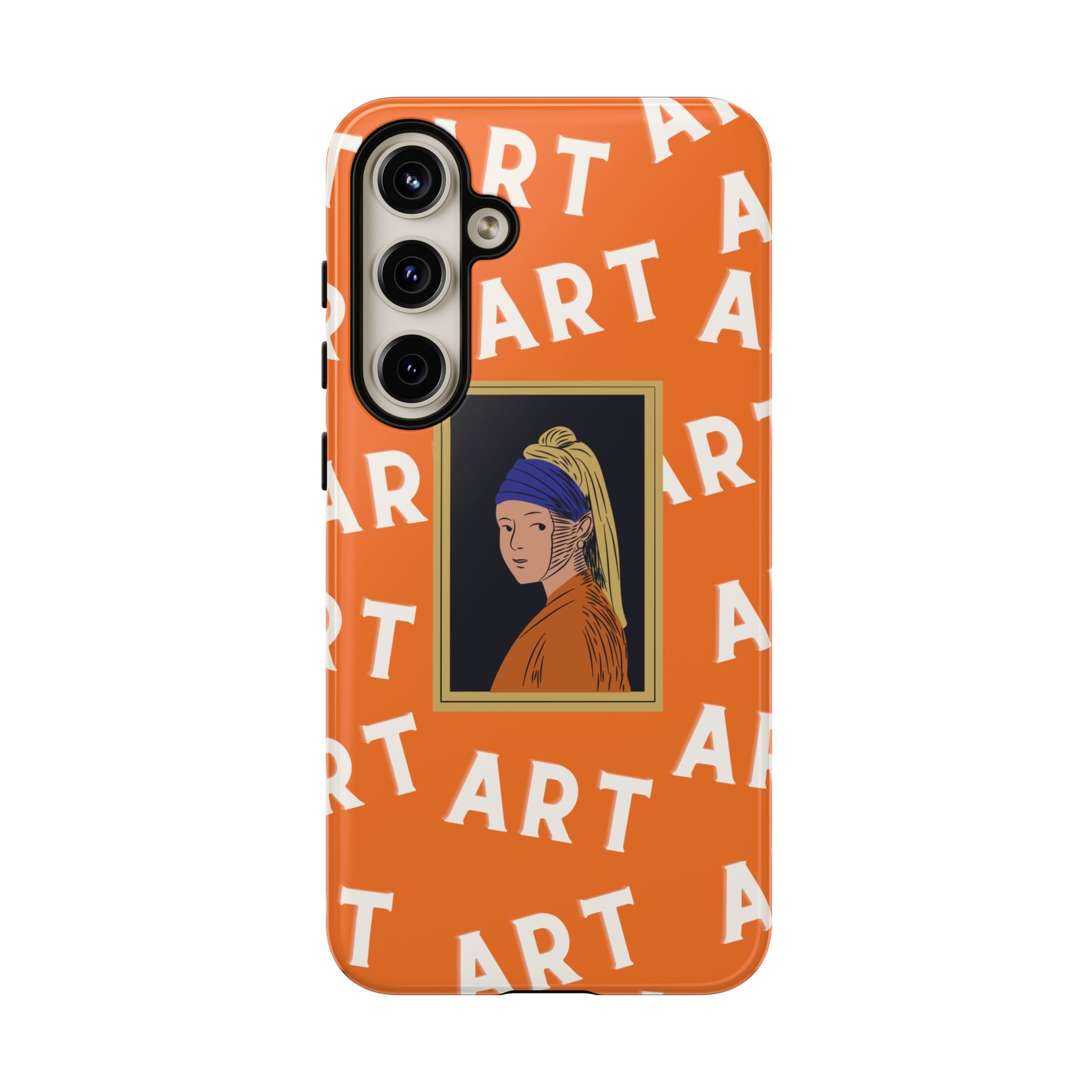Bold Orange "ART" Pattern with Framed Girl with Pearl Earring Illustration