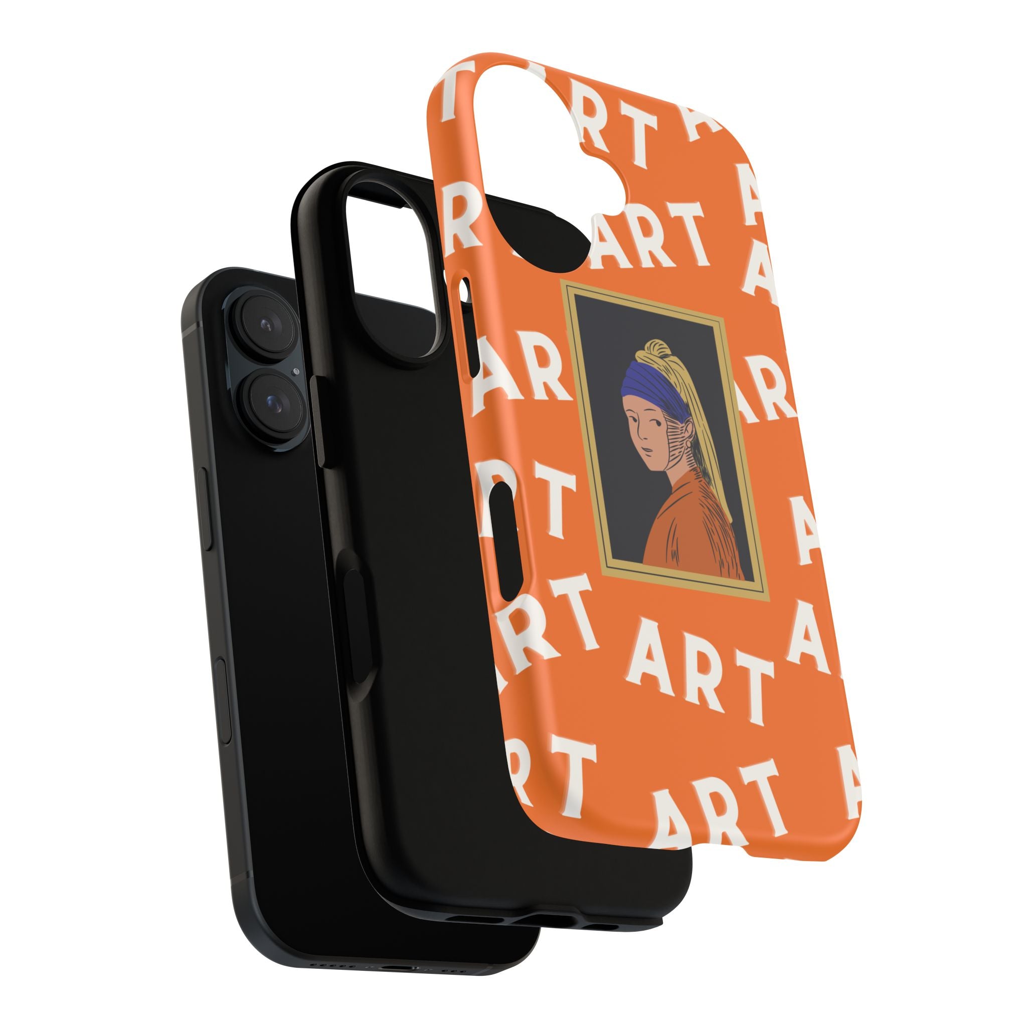 Bold Orange "ART" Pattern with Framed Girl with Pearl Earring Illustration