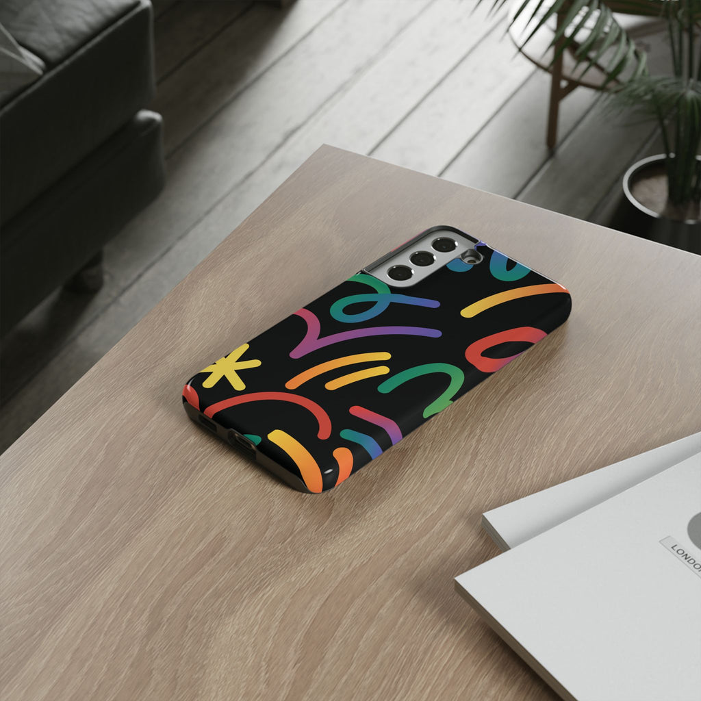 Colorful Doodle Tough Phone Case — Black Background Protective Cover
