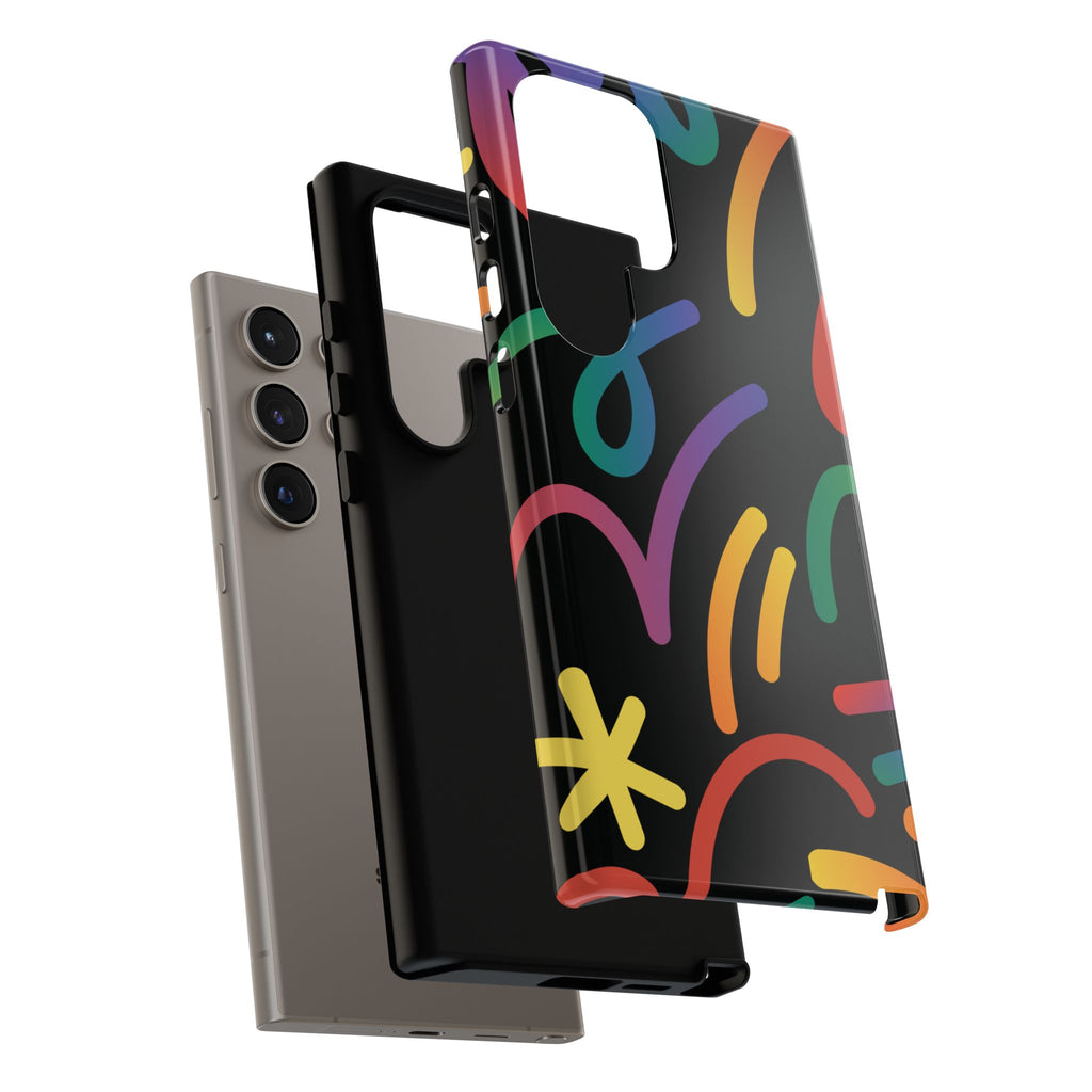 Colorful Doodle Tough Phone Case — Black Background Protective Cover
