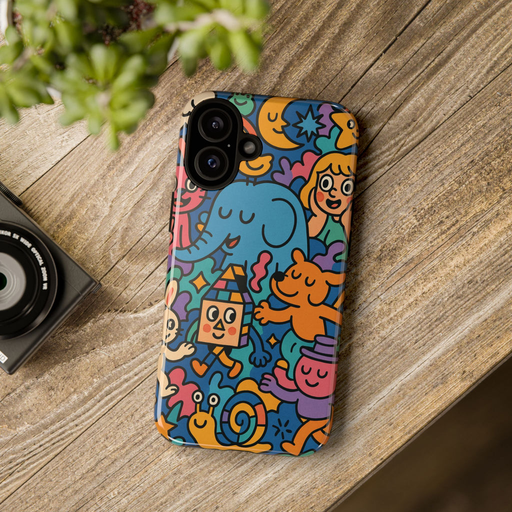 Colorful Doodle Phone Case — Cute Cartoon Animals & Characters
