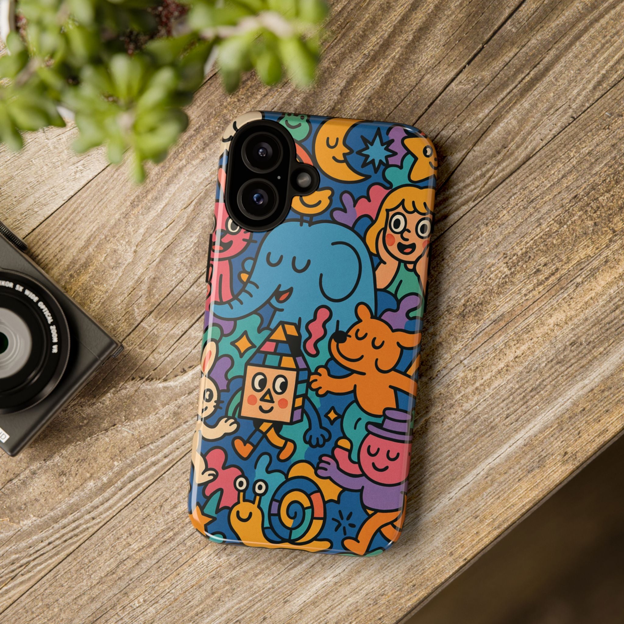 Colorful Doodle Phone Case — Cute Cartoon Animals & Characters