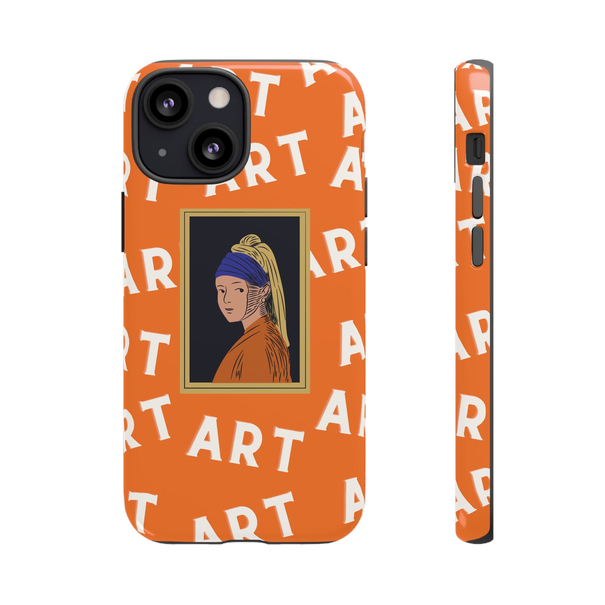 Bold Orange "ART" Pattern with Framed Girl with Pearl Earring Illustration