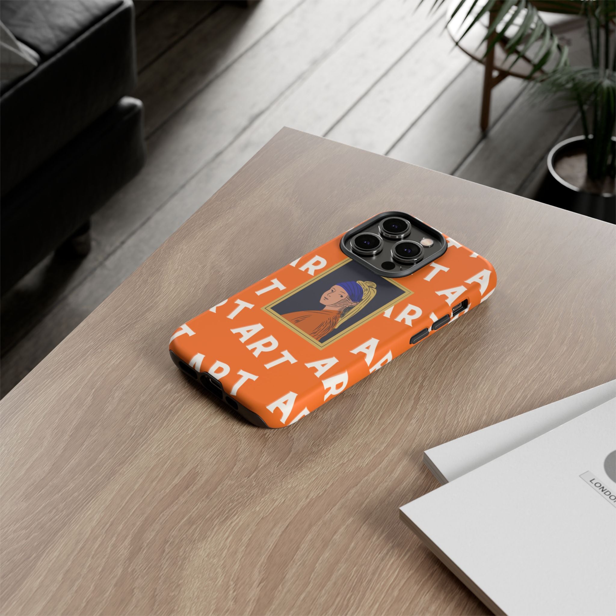 Bold Orange "ART" Pattern with Framed Girl with Pearl Earring Illustration