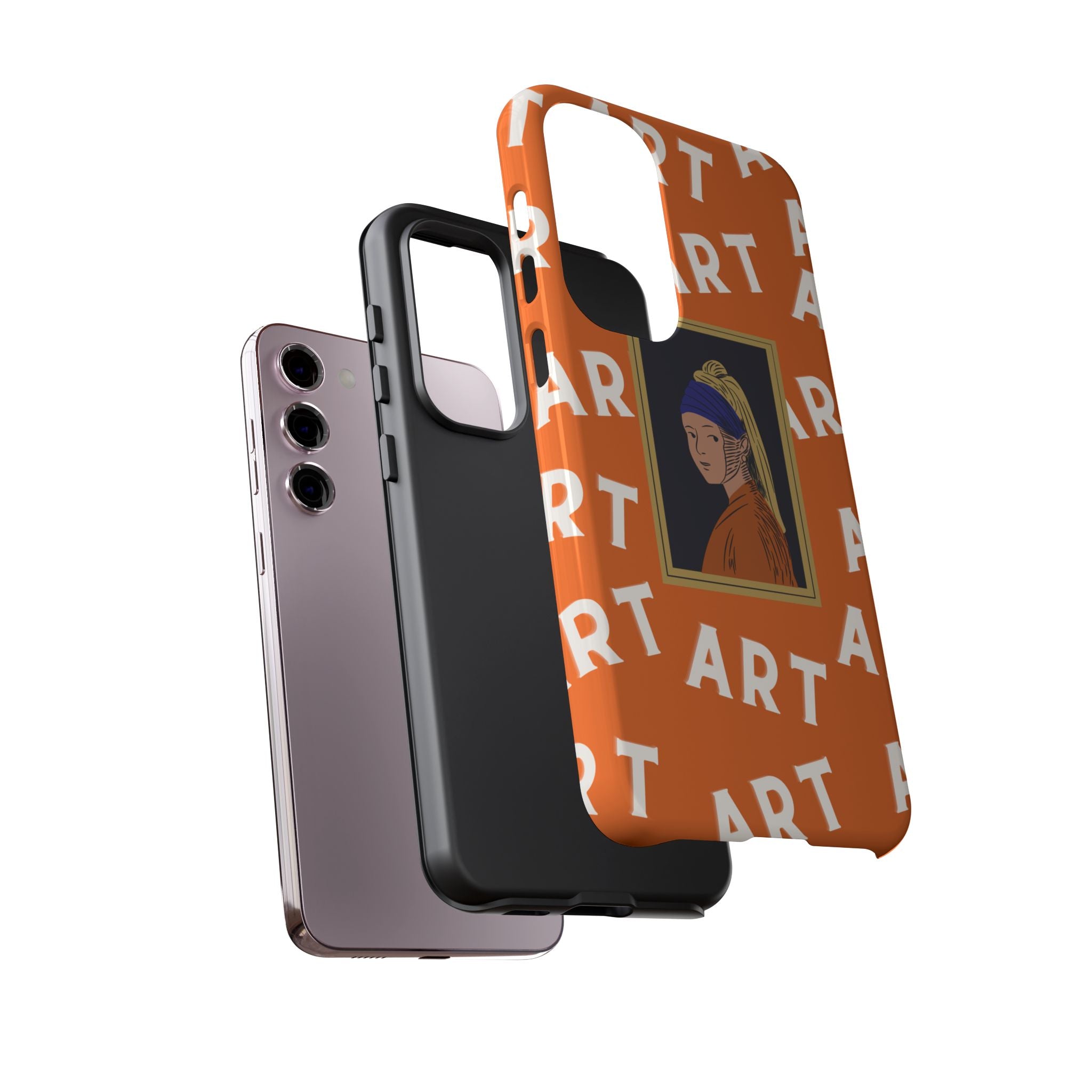 Bold Orange "ART" Pattern with Framed Girl with Pearl Earring Illustration