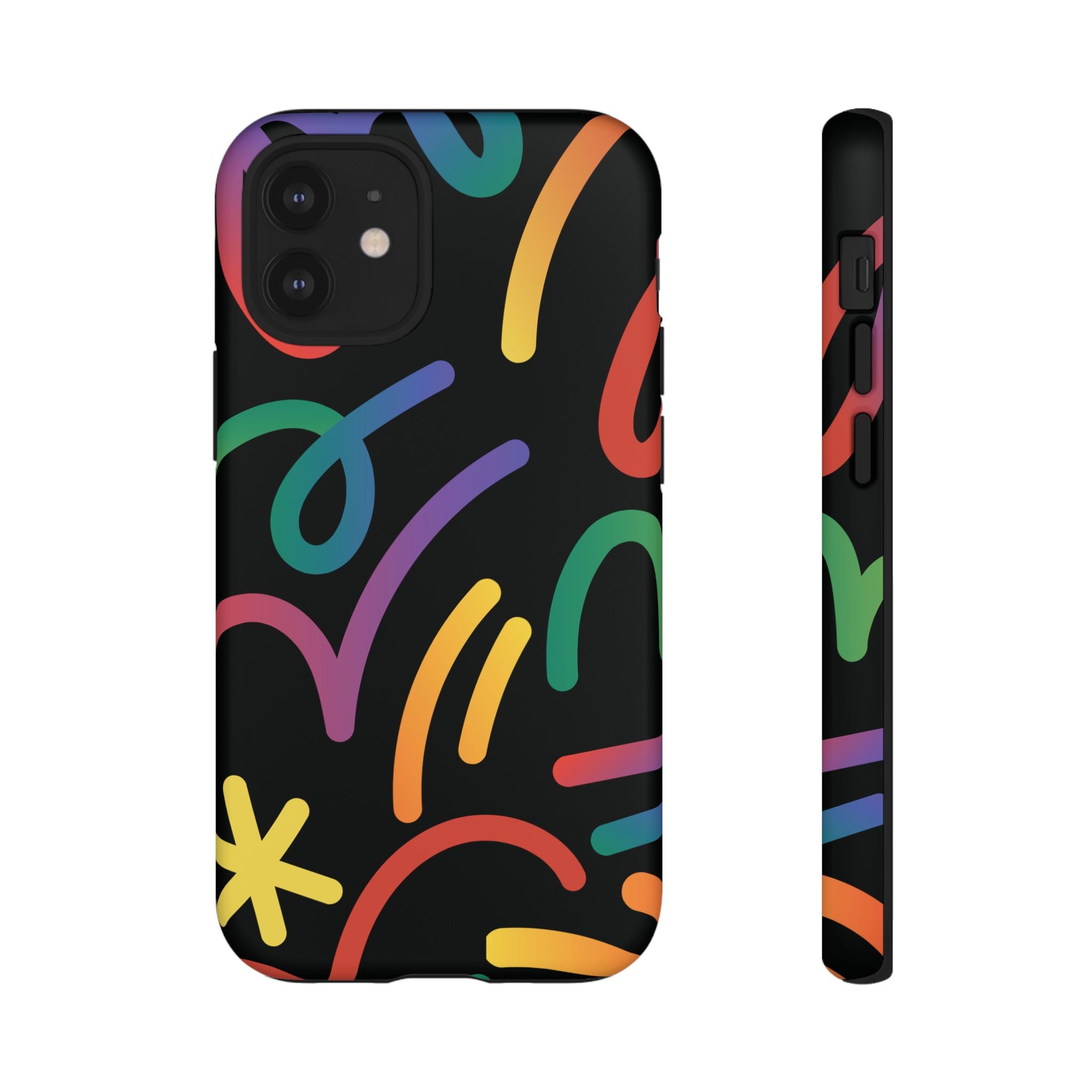 Colorful Doodle Tough Phone Case — Black Background Protective Cover
