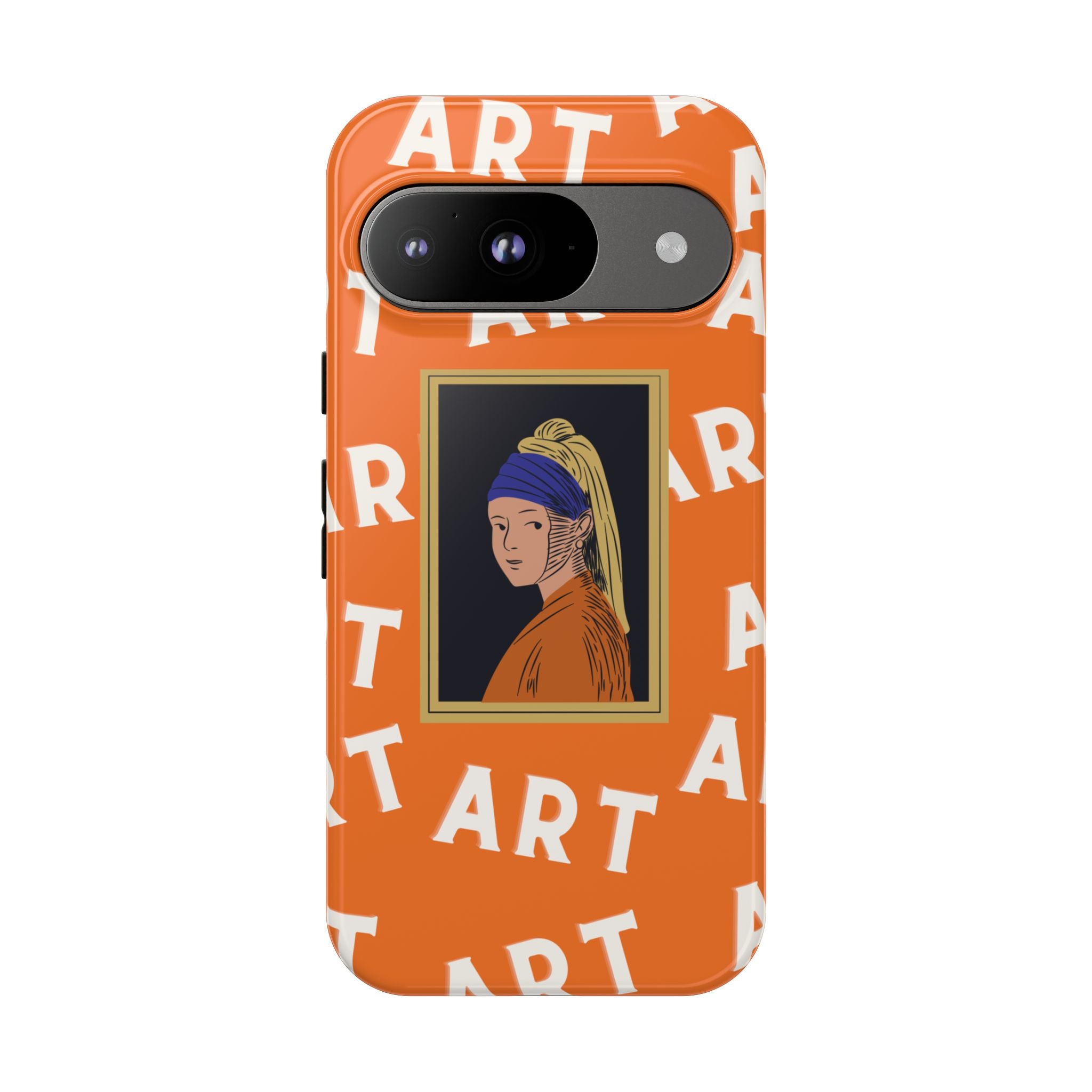 Bold Orange "ART" Pattern with Framed Girl with Pearl Earring Illustration