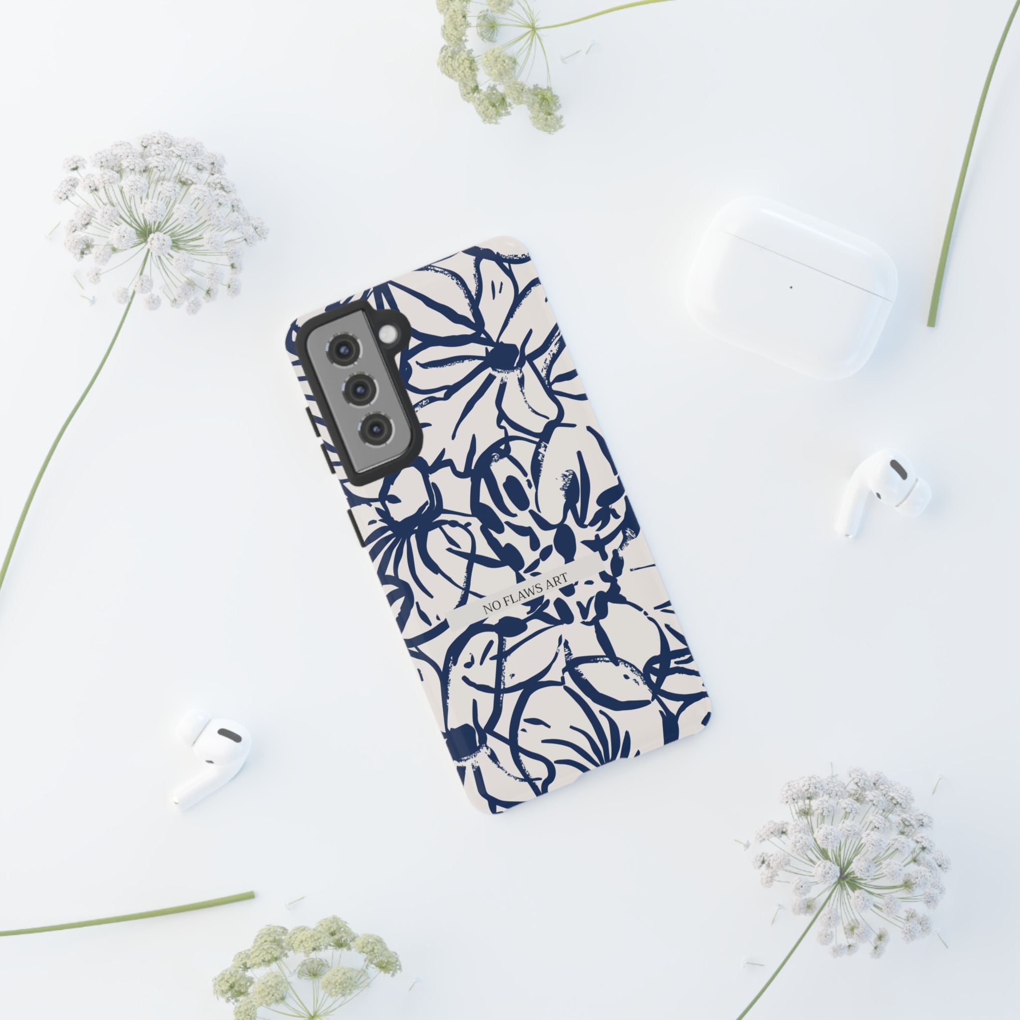 Navy Floral Tough Phone Case — "No Flaws Art" Protective Phone Cover