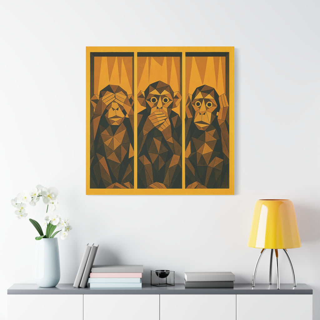 Three Wise Monkeys Matte Canvas Wall Art – Geometric Trio Stretched Print