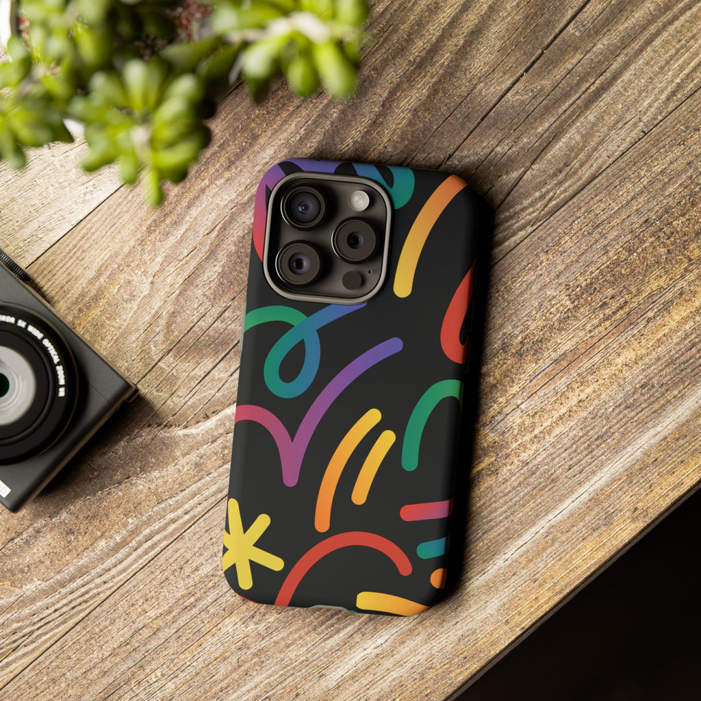 Colorful Doodle Tough Phone Case — Black Background Protective Cover