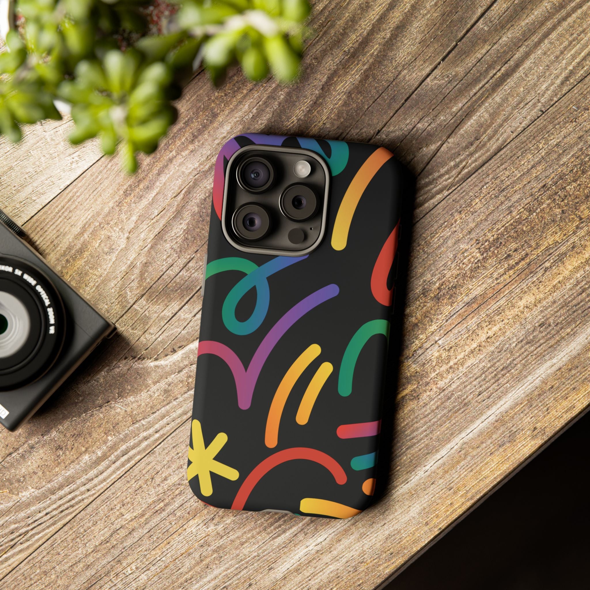 Colorful Doodle Tough Phone Case — Black Background Protective Cover