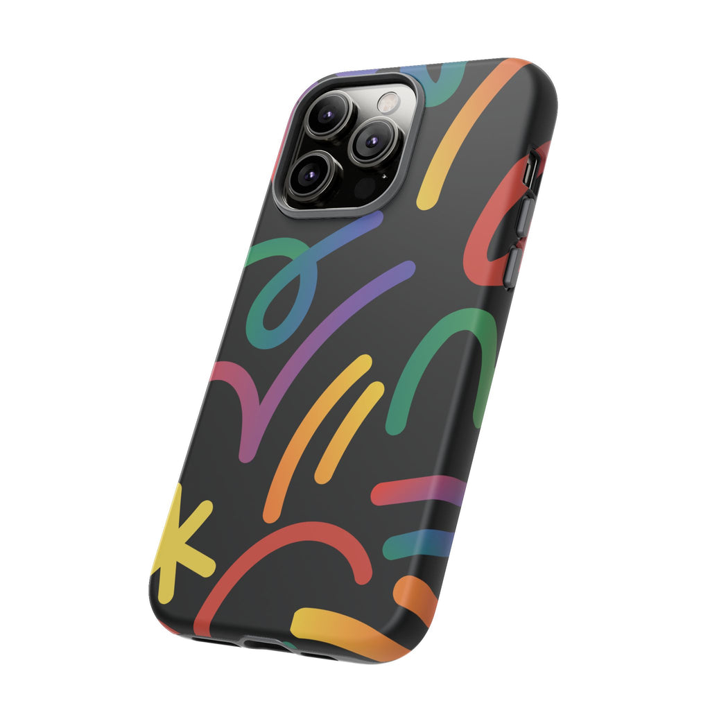 Colorful Doodle Tough Phone Case — Black Background Protective Cover
