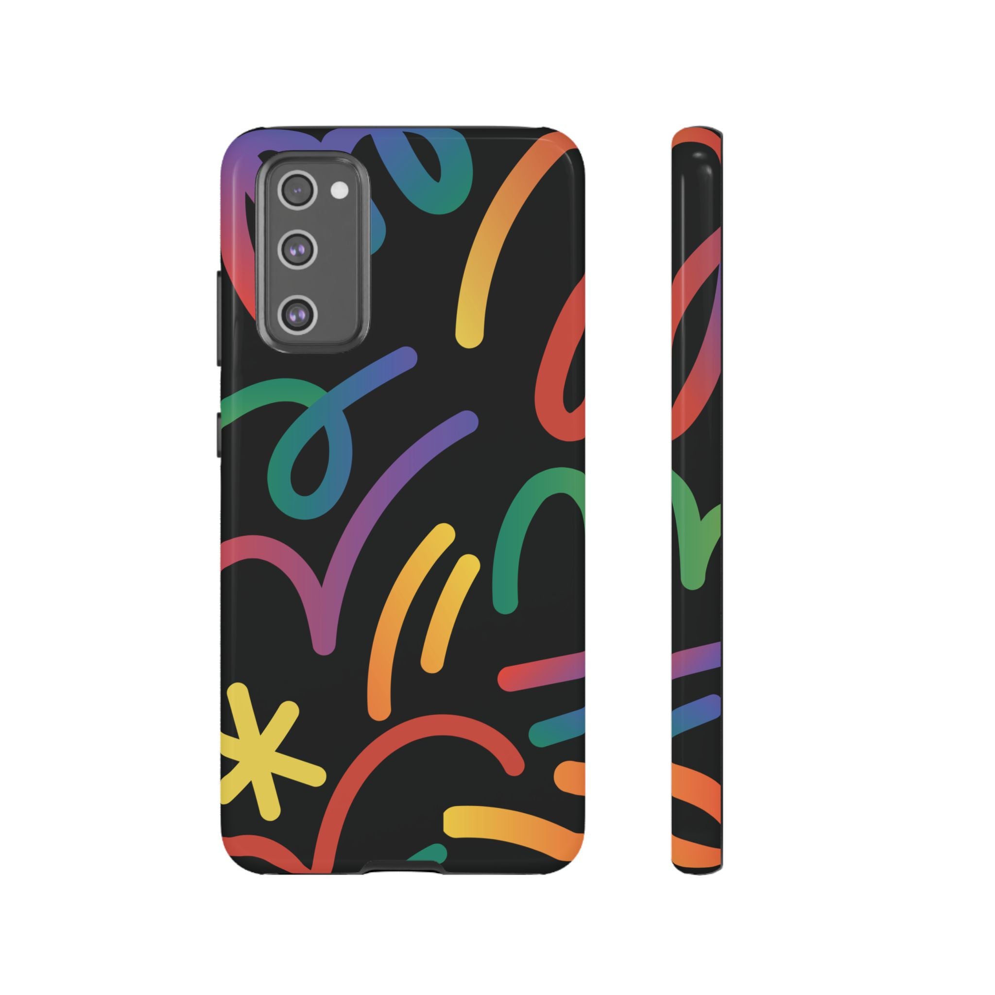 Colorful Doodle Tough Phone Case — Black Background Protective Cover
