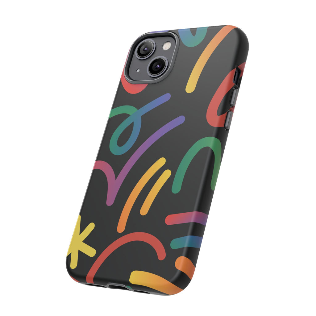 Colorful Doodle Tough Phone Case — Black Background Protective Cover