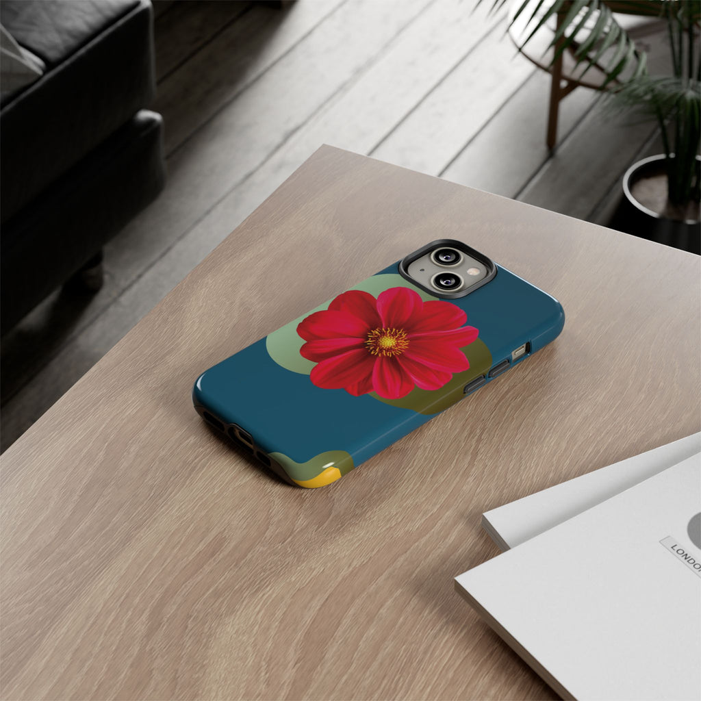 Floral Burst Tough Phone Case — Red Flower on Teal Protective Cover