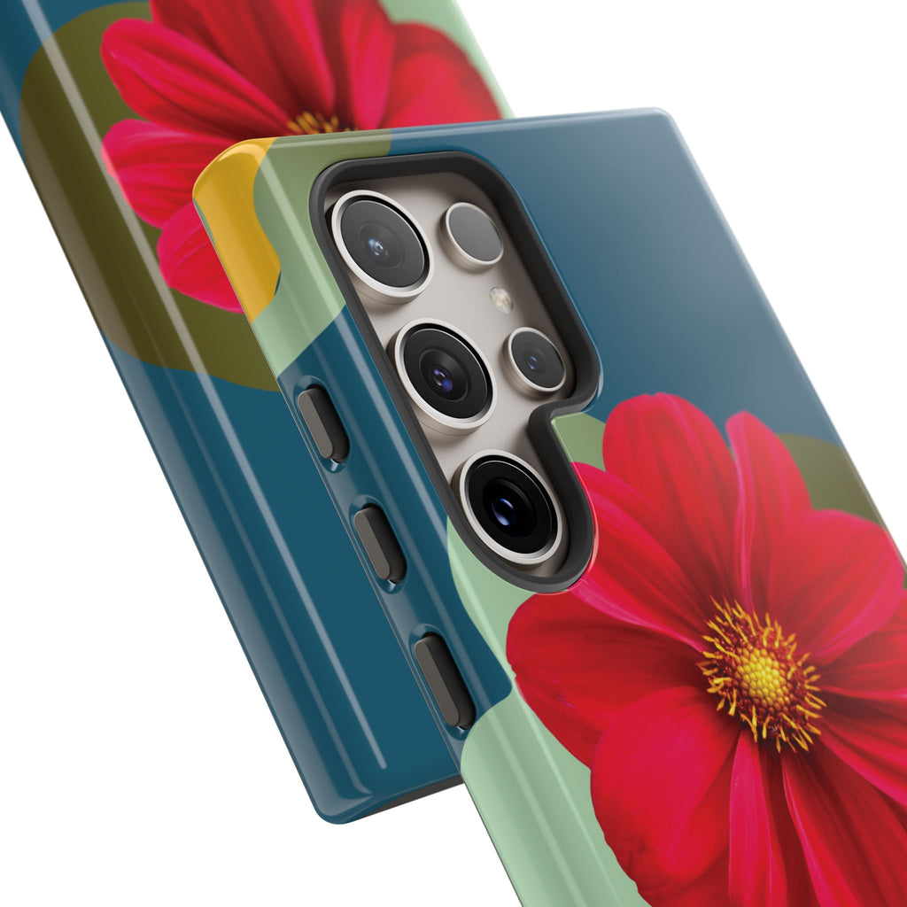 Floral Burst Tough Phone Case — Red Flower on Teal Protective Cover