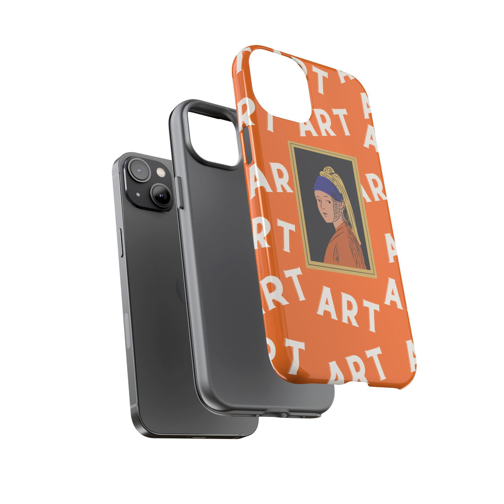 Bold Orange "ART" Pattern with Framed Girl with Pearl Earring Illustration
