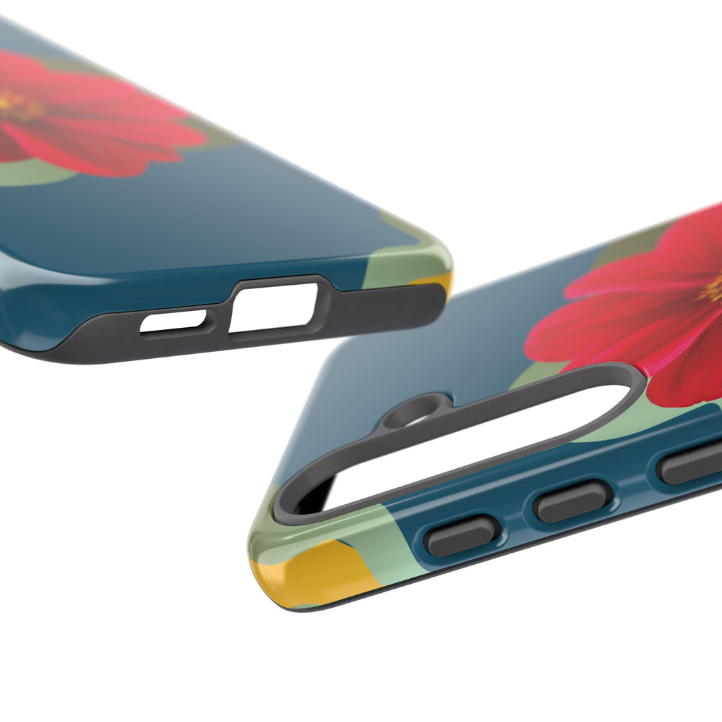 Floral Burst Tough Phone Case — Red Flower on Teal Protective Cover